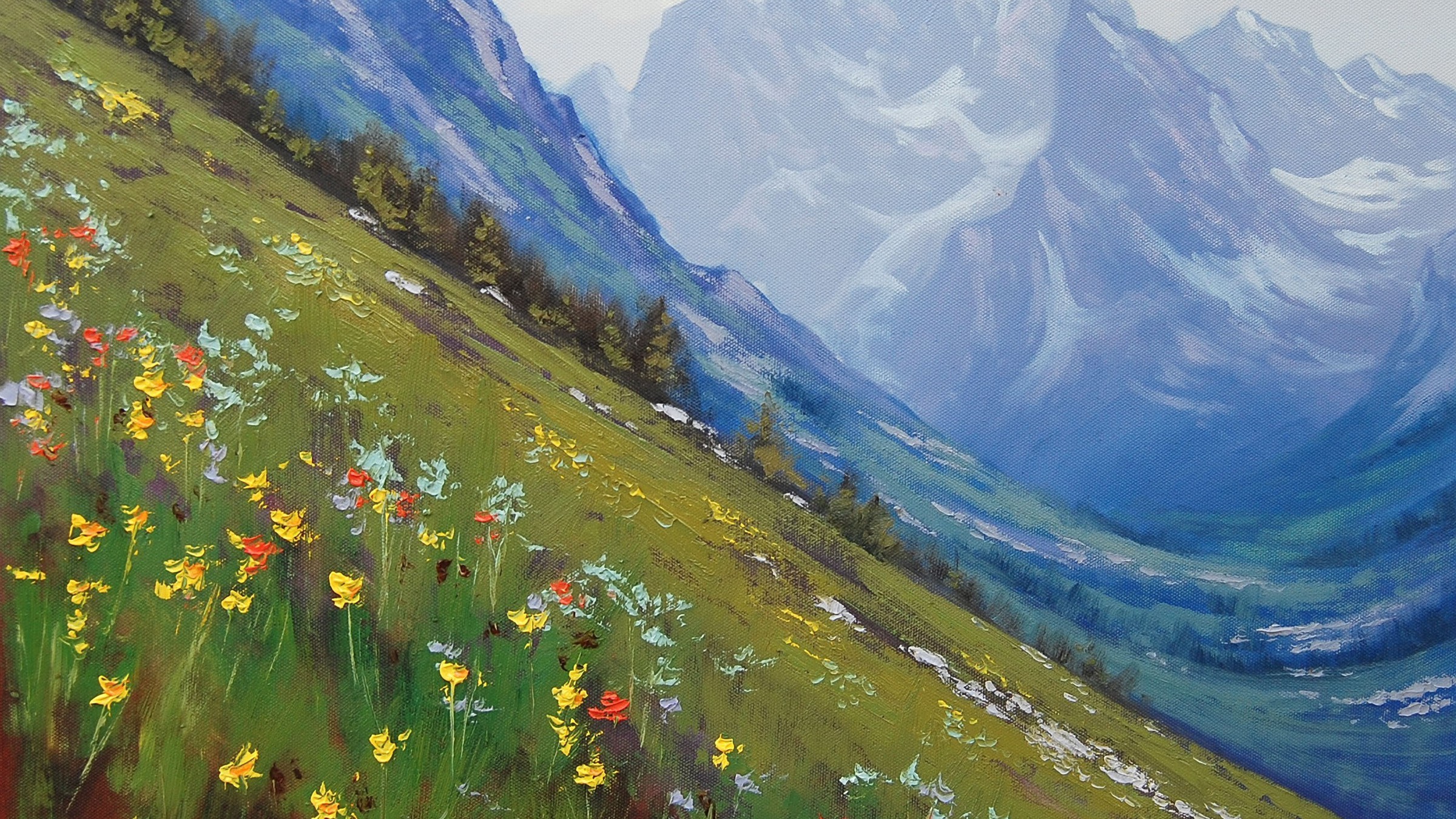 Download mobile wallpaper Mountain, Flower, Painting, Valley, Artistic, Meadow for free.