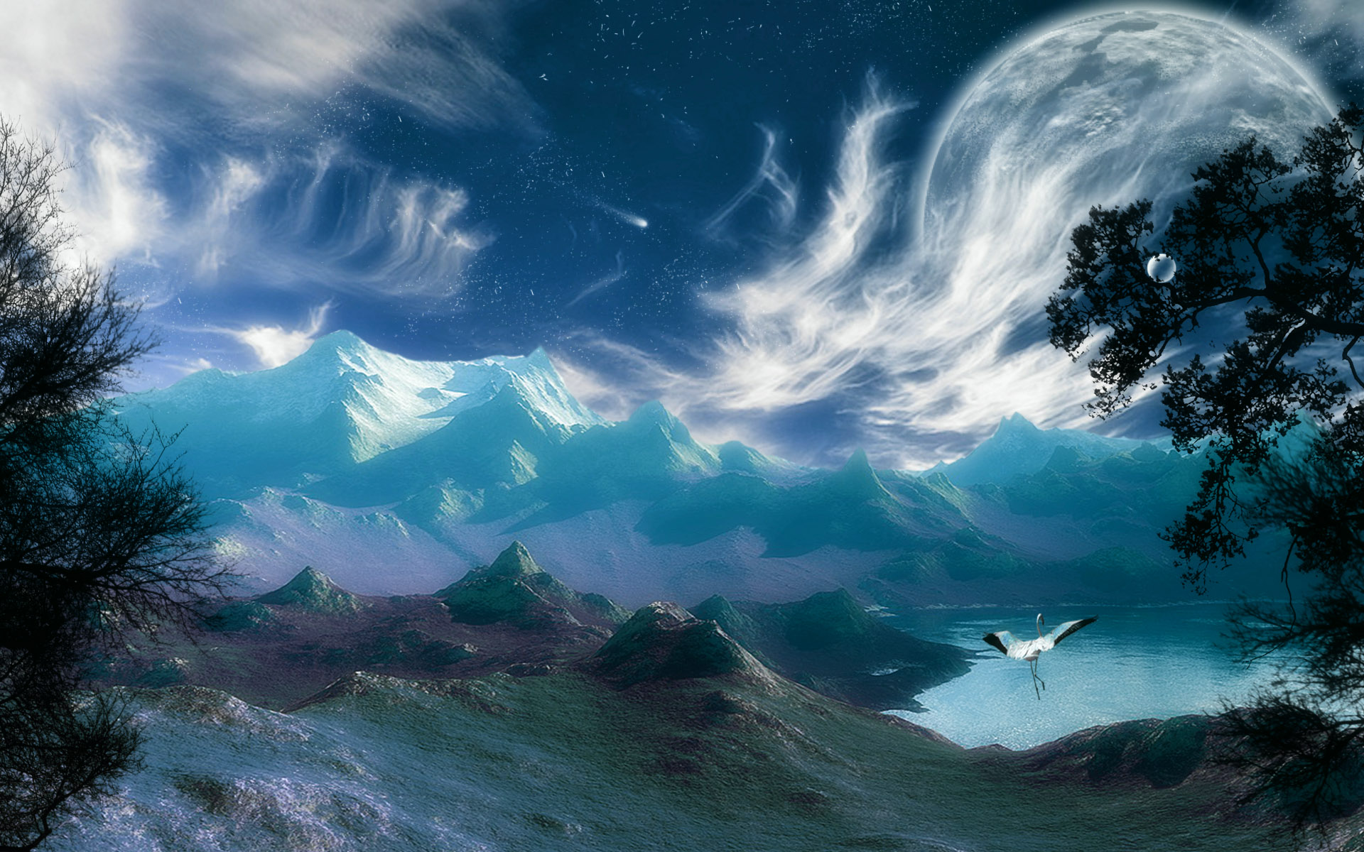 Free download wallpaper Landscape, Fantasy, Sky, Moon, Heron, Mountain, Lake, Planet on your PC desktop
