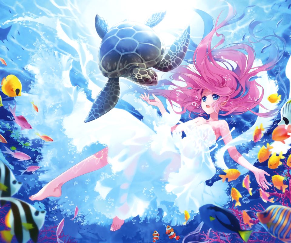 PCデスクトップにカメ, 魚, 水中, ピンクの髪, アニメ画像を無料でダウンロード