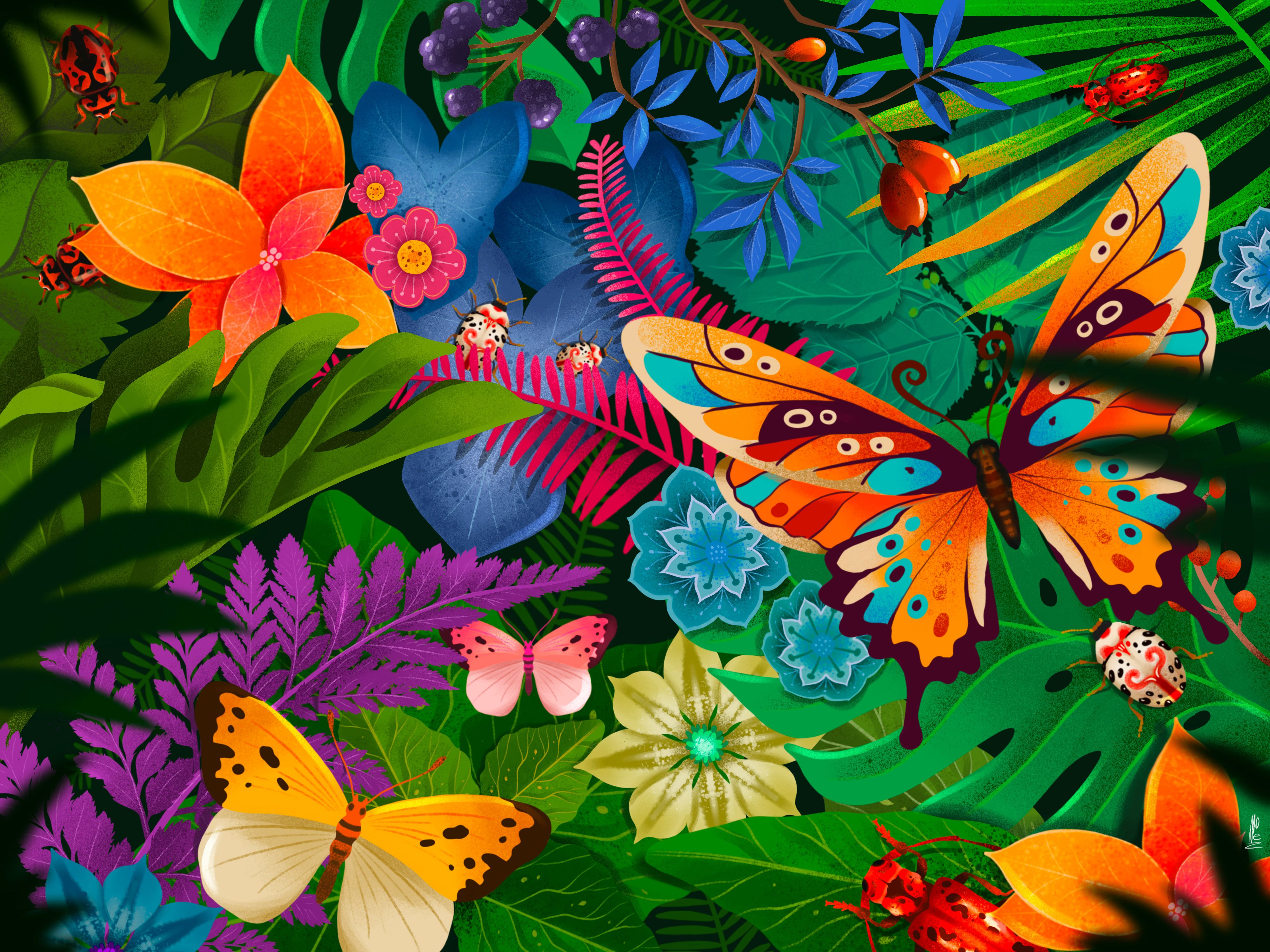Descarga gratis la imagen Flor, Hoja, Insecto, Mariposa, Fruta, Artístico, Selva en el escritorio de tu PC