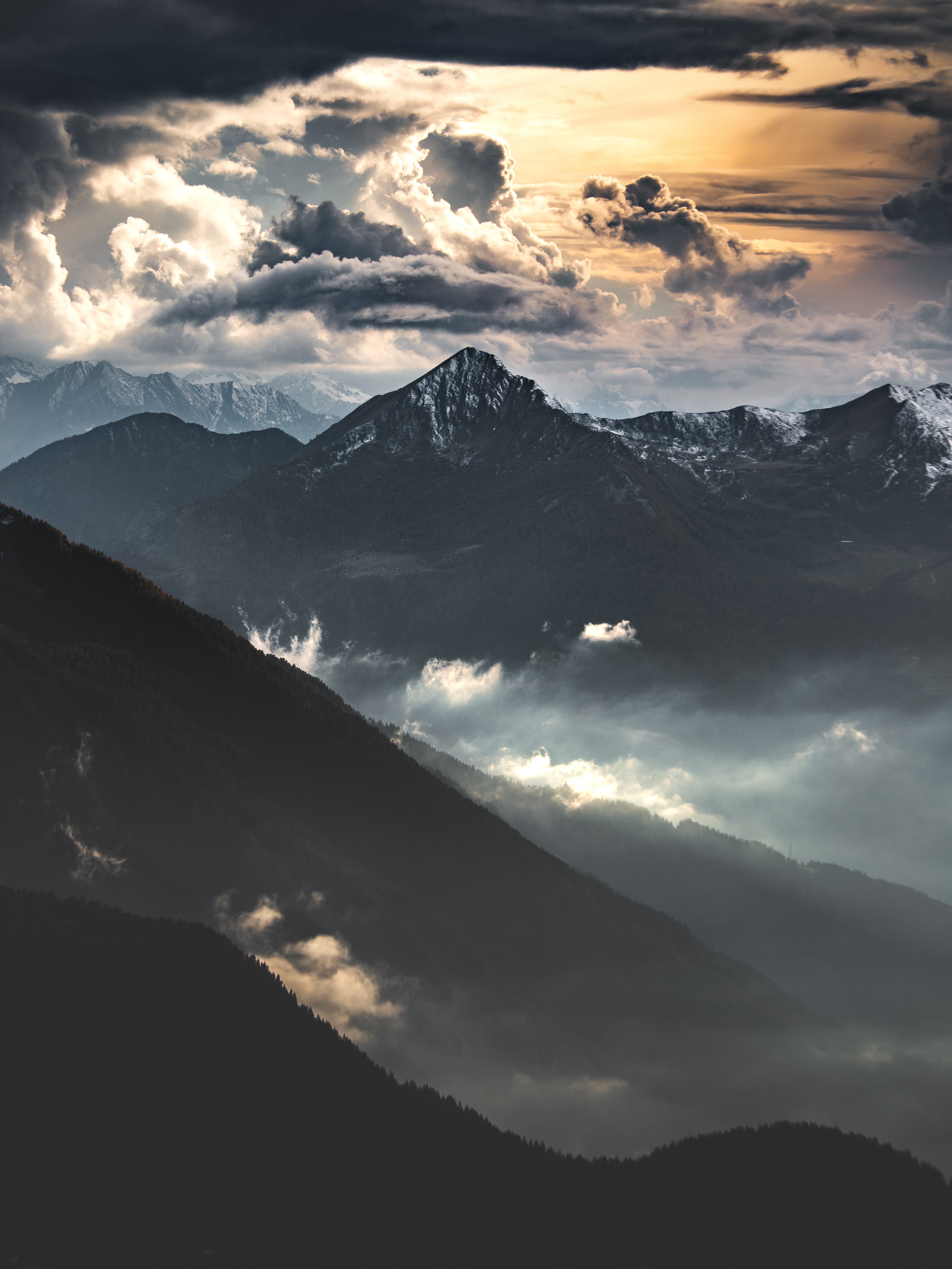 Download mobile wallpaper Mountains, Clouds, Dusk, Fog, Nature, Twilight, Landscape for free.