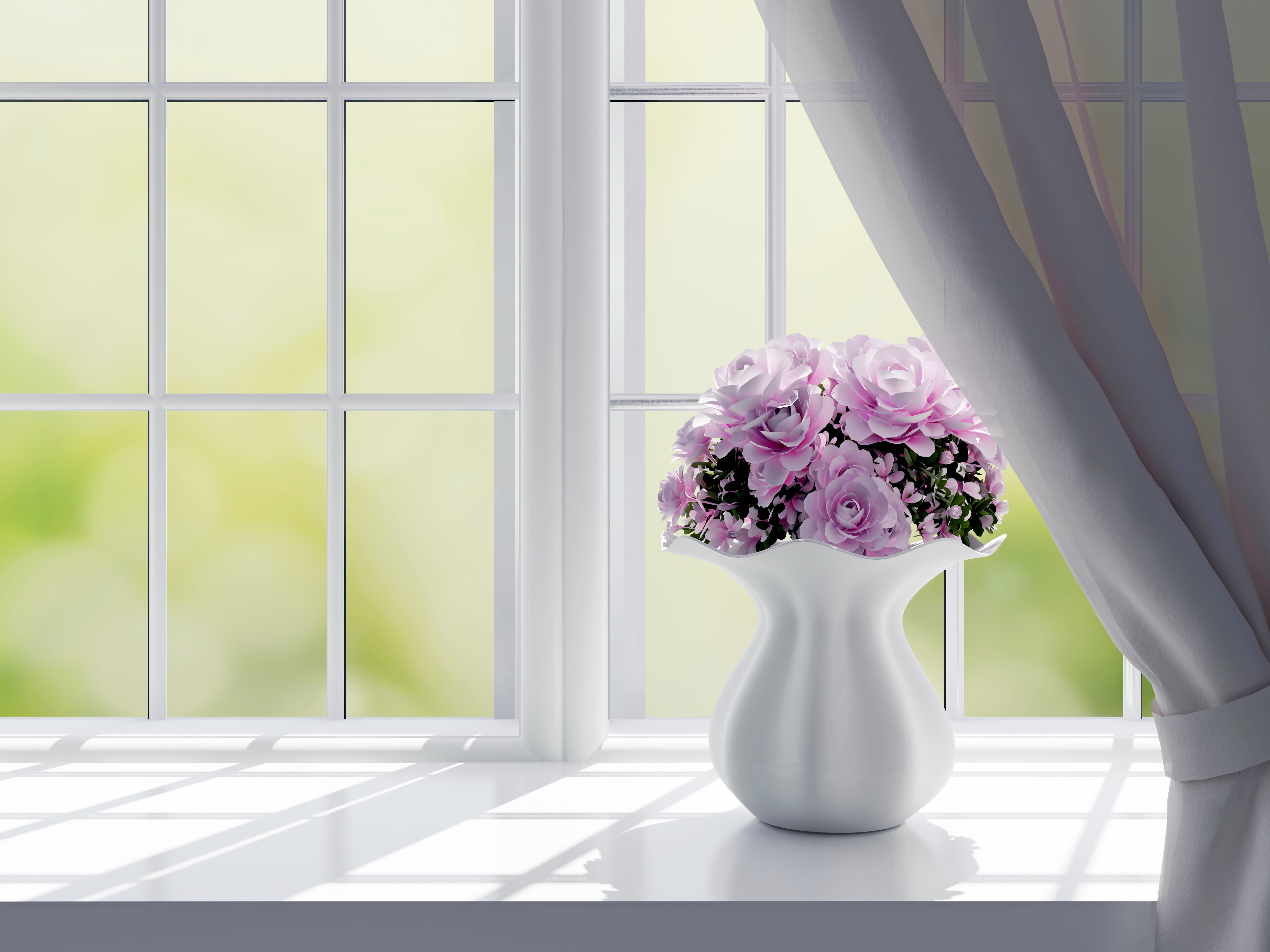 759306 скачать обои ваза, окно, штора, белый, сделано человеком, цветок, розовый цветок - заставки и картинки бесплатно
