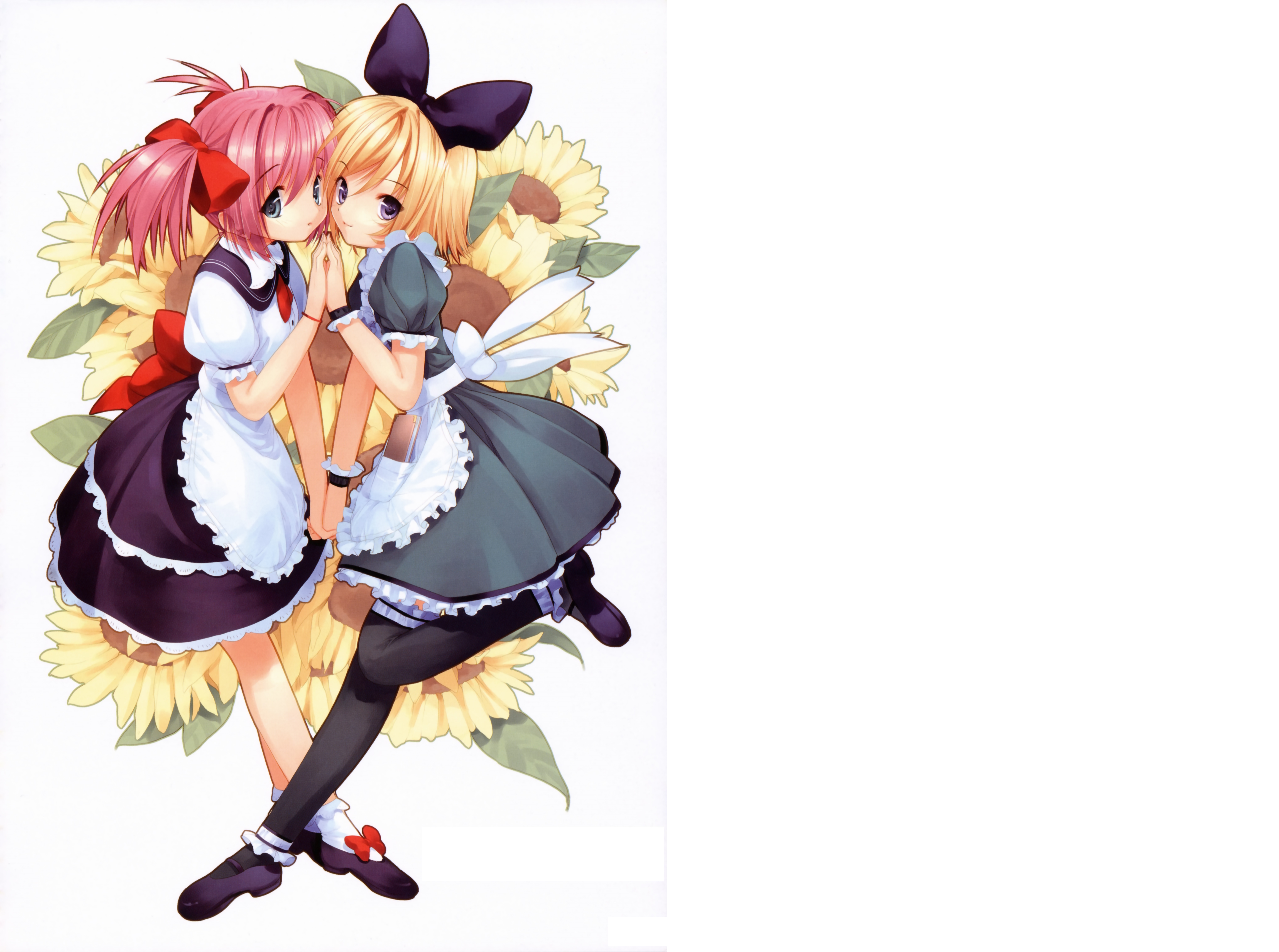 Download mobile wallpaper Anime, Blonde, Sunflower, Ribbon, Green Eyes, Original, Pink Hair, Long Hair, Short Hair, Purple Eyes, Twintails, Apron for free.