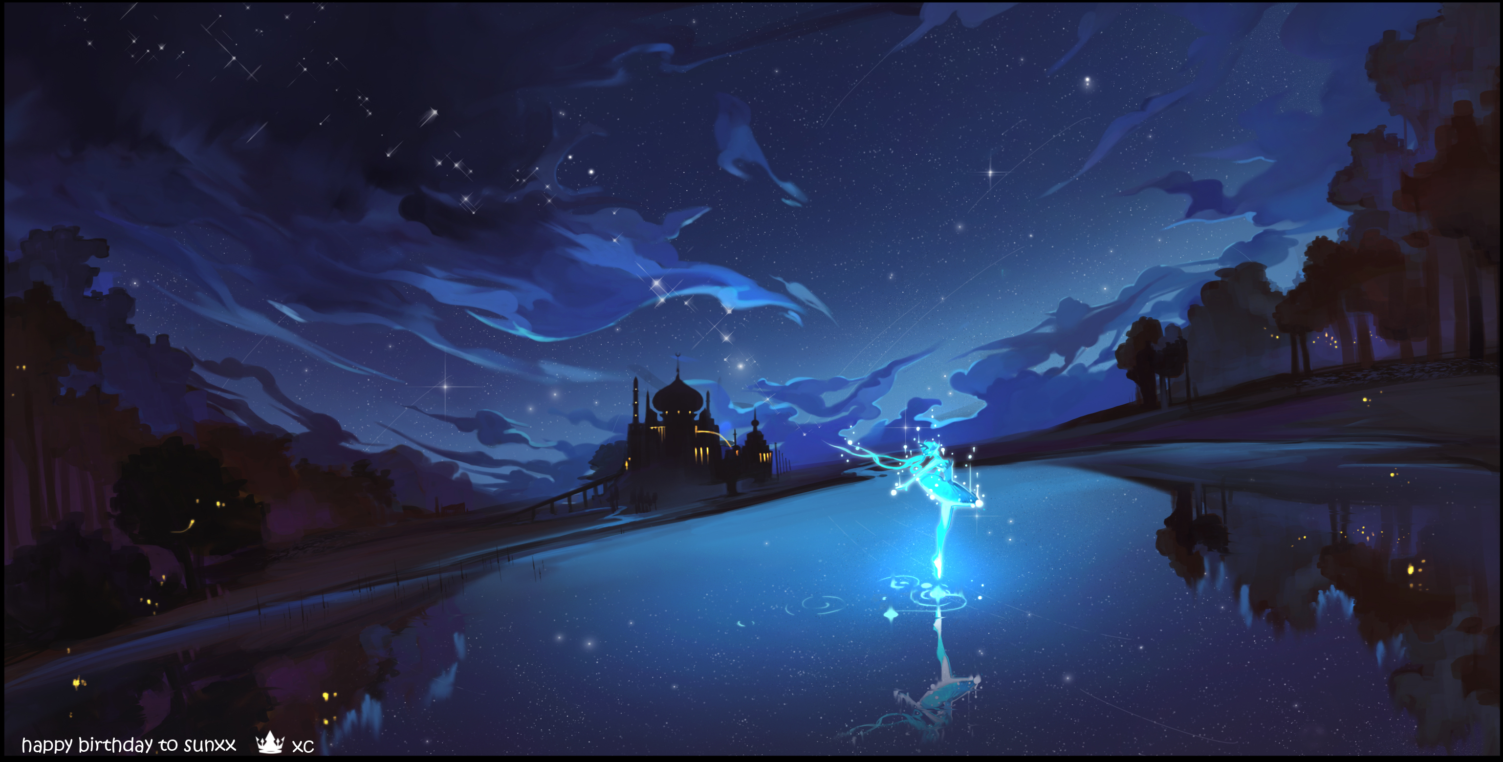 Download mobile wallpaper Anime, Lake, Starry Sky, River, Original for free.