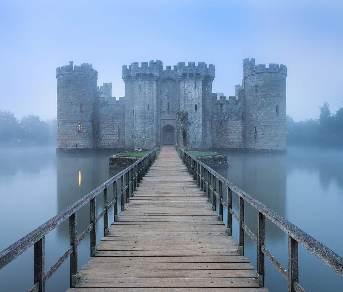 Download mobile wallpaper Castles, Reflection, Fog, Man Made, Castle, Bodiam Castle for free.