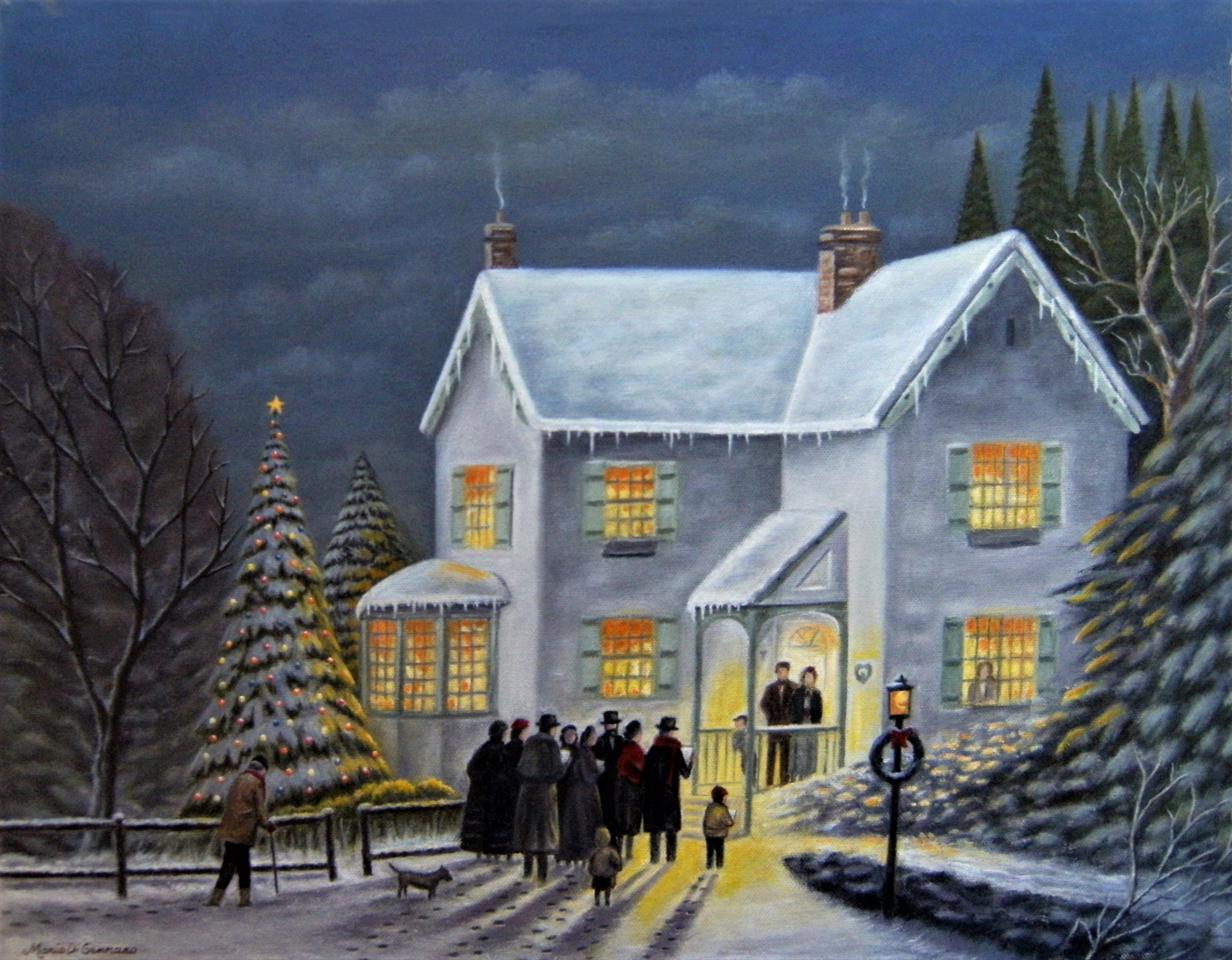 Download mobile wallpaper Winter, Snow, Christmas, House, Vintage, Painting, Artistic for free.