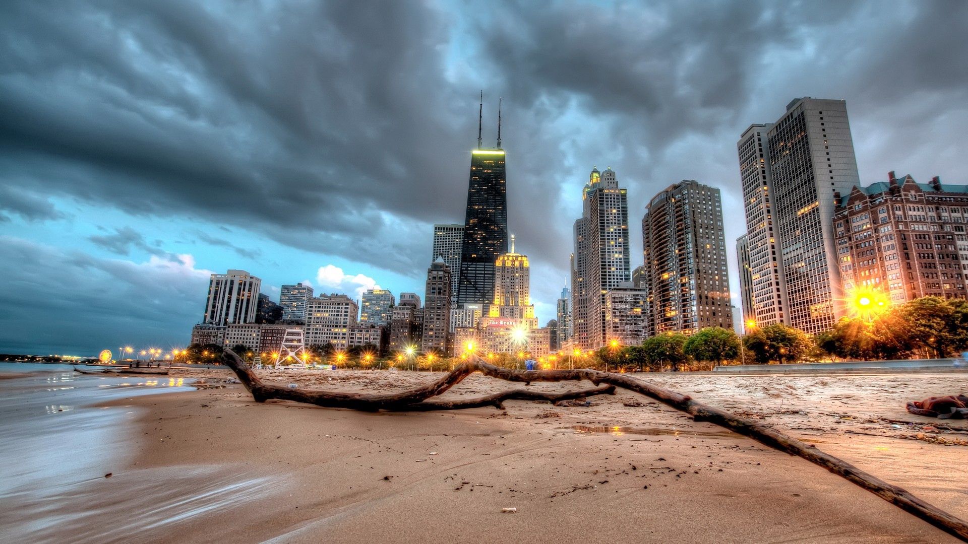 chicago, cities, sand, skyscraper, shore, bank, hdr Full HD