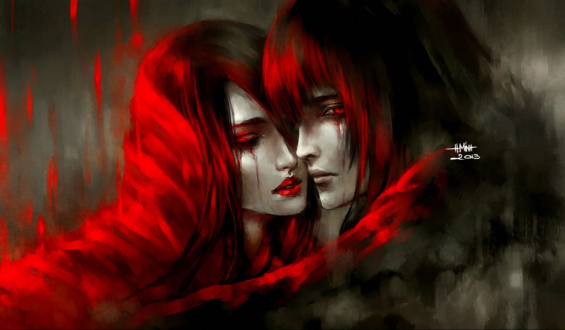 Download mobile wallpaper Love, Couple, Painting, Artistic, Tears, Red Eyes for free.