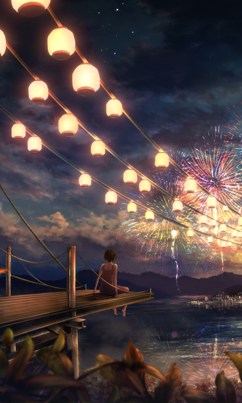 Download mobile wallpaper Anime, Sunset, Lantern, Fireworks, Festival for free.