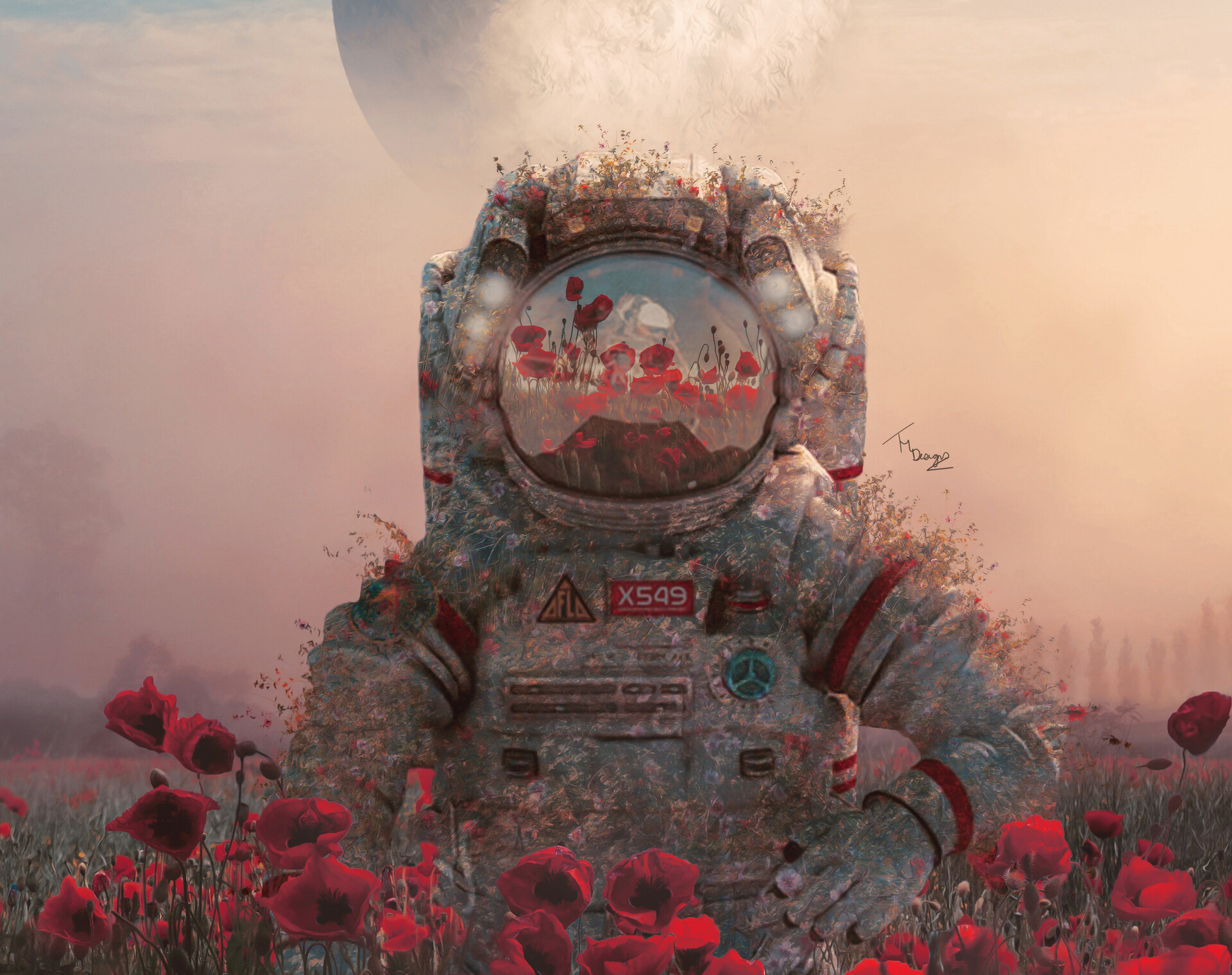 978958 скачать обои мак, астронавт, научная фантастика, цветок, красный цветок, космический костюм - заставки и картинки бесплатно