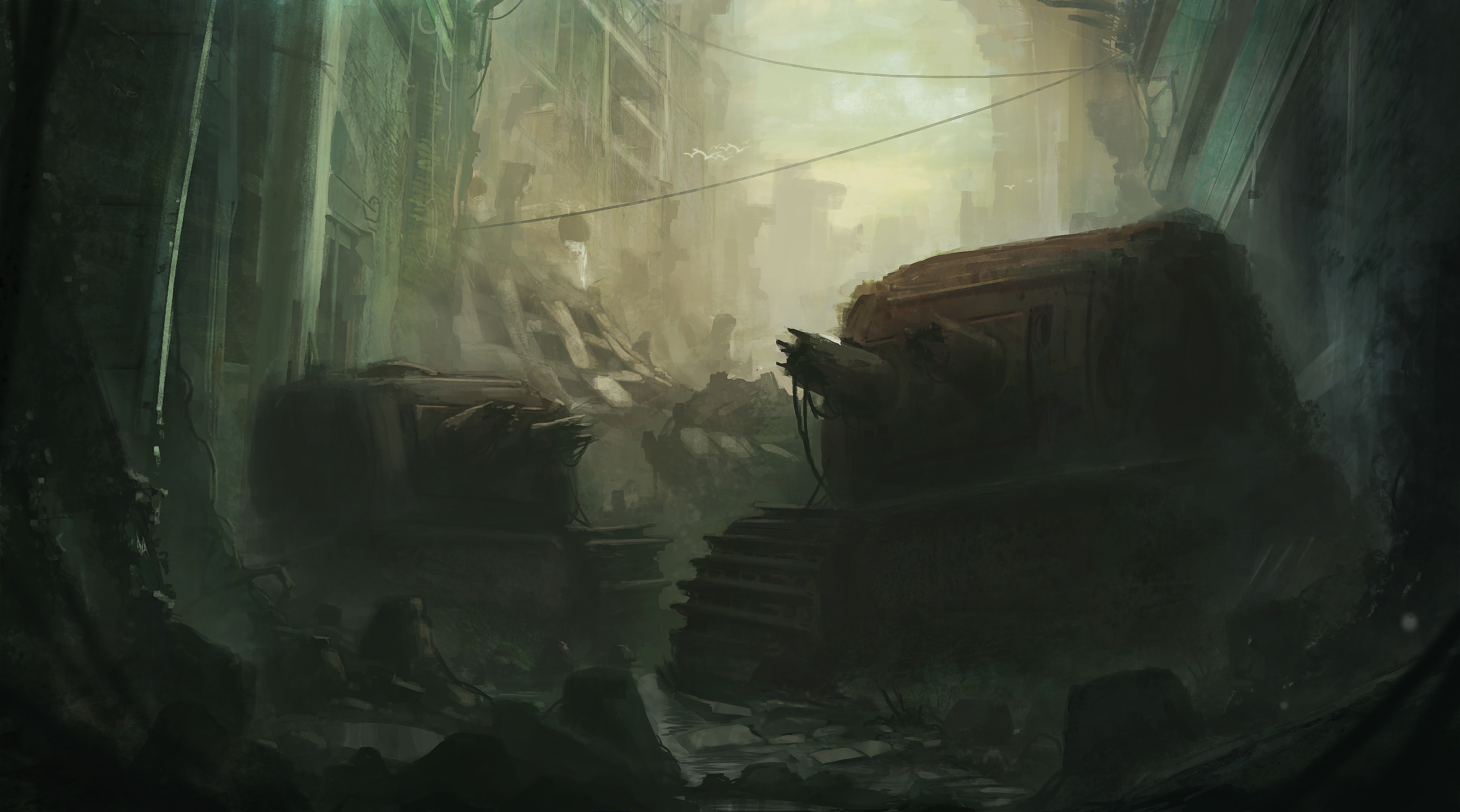 Download mobile wallpaper Sci Fi, Street, Ruin, Wreck, Tank, Post Apocalyptic for free.