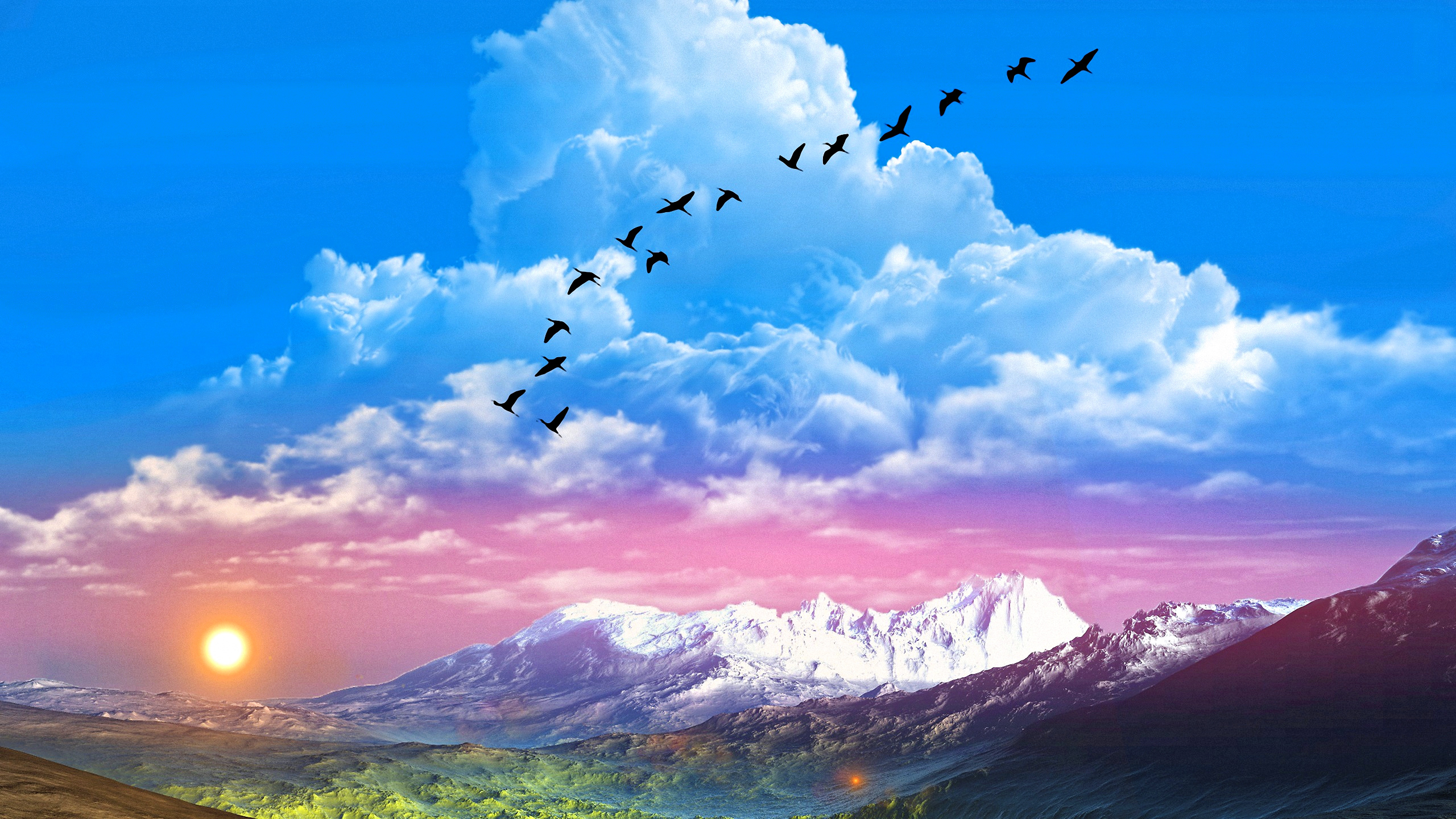 Download mobile wallpaper Landscape, Fantasy, Sky, Mountain, Bird, Earth, Cloud for free.