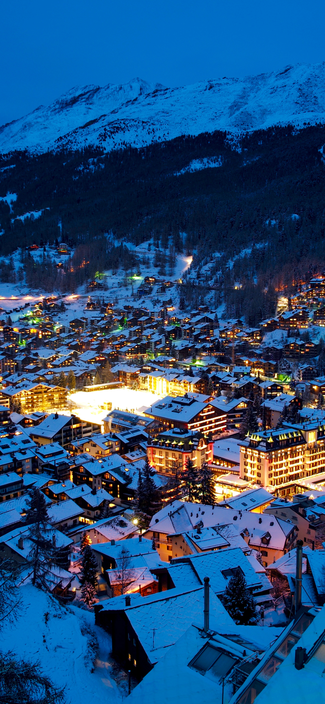 switzerland, man made, zermatt, snow, alps, light, winter, town, night, towns