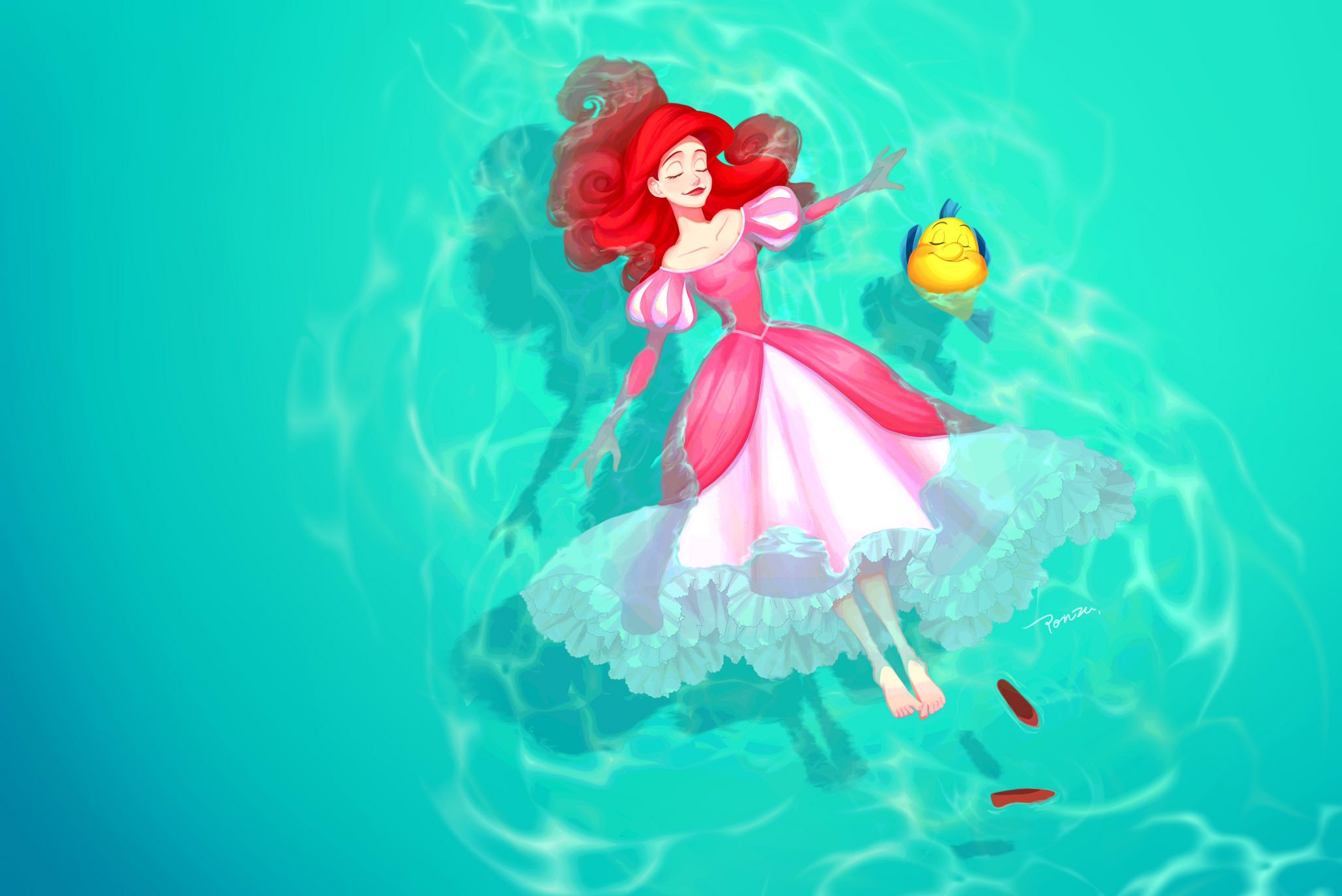 Handy-Wallpaper Wasser, Kleid, Fuß, Filme, Rote Haare, Arielle Die Meerjungfrau, Arielle (Die Kleine Meerjungfrau), Pinkes Kleid, Flunder (Die Kleine Meerjungfrau) kostenlos herunterladen.