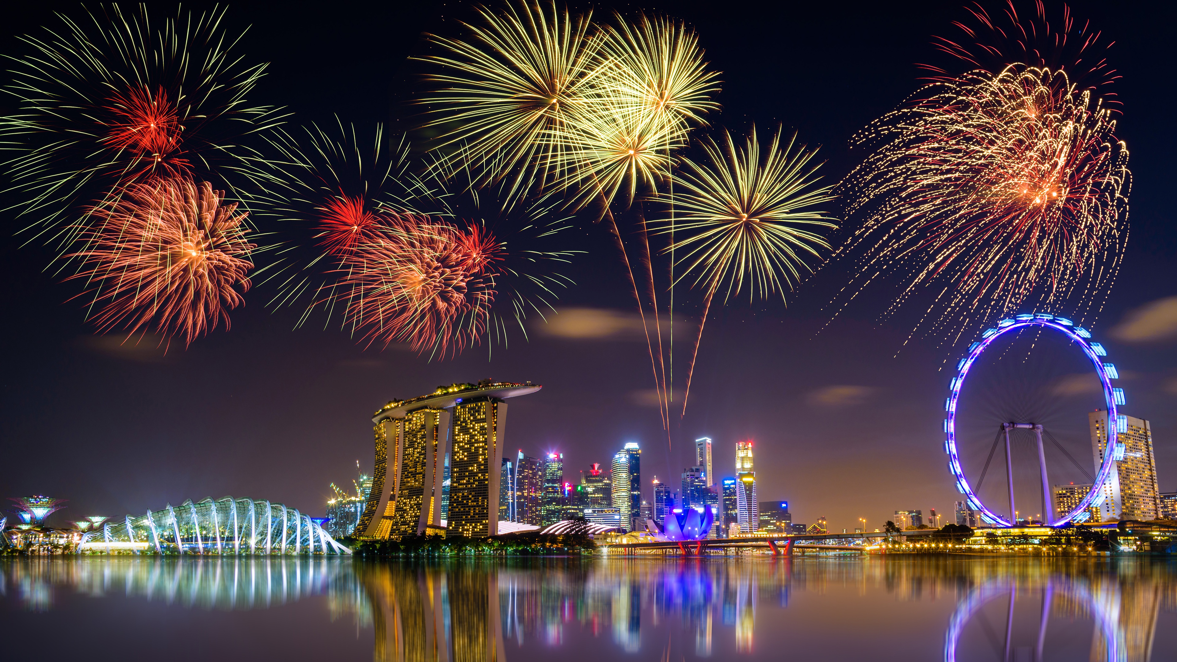 singapore, photography, fireworks, architecture, building, city, ferris wheel, marina bay sands, night, reflection