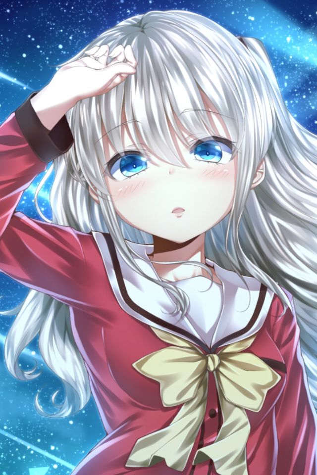 Download mobile wallpaper Anime, Blue Eyes, Charlotte, Shooting Star, Blush, School Uniform, Long Hair, White Hair, Bow (Clothing), Nao Tomori, Charlotte (Anime) for free.