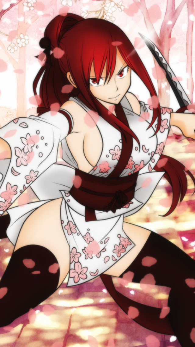 Download mobile wallpaper Anime, Katana, Long Hair, Red Hair, Fairy Tail, Erza Scarlet, Yukata, Sakura Blossom for free.