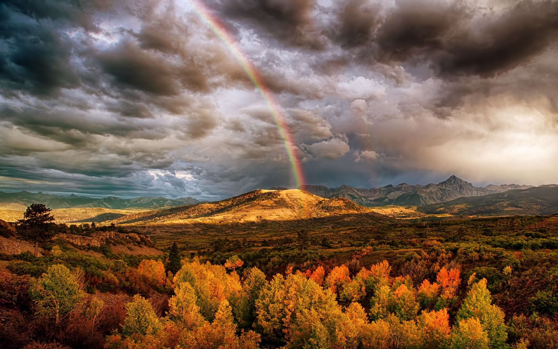 Free download wallpaper Landscape, Rainbow, Forest, Fall, Earth on your PC desktop