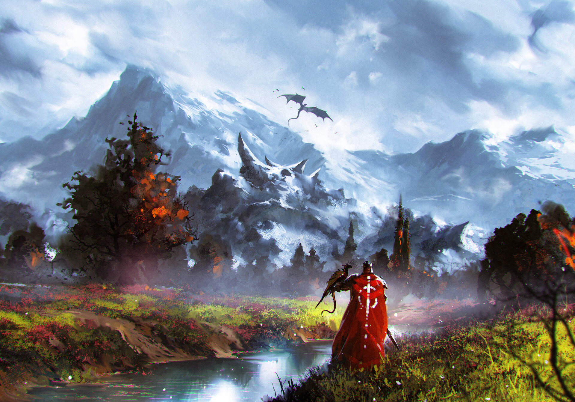 Free download wallpaper Landscape, Fantasy, Dragon, Warrior on your PC desktop