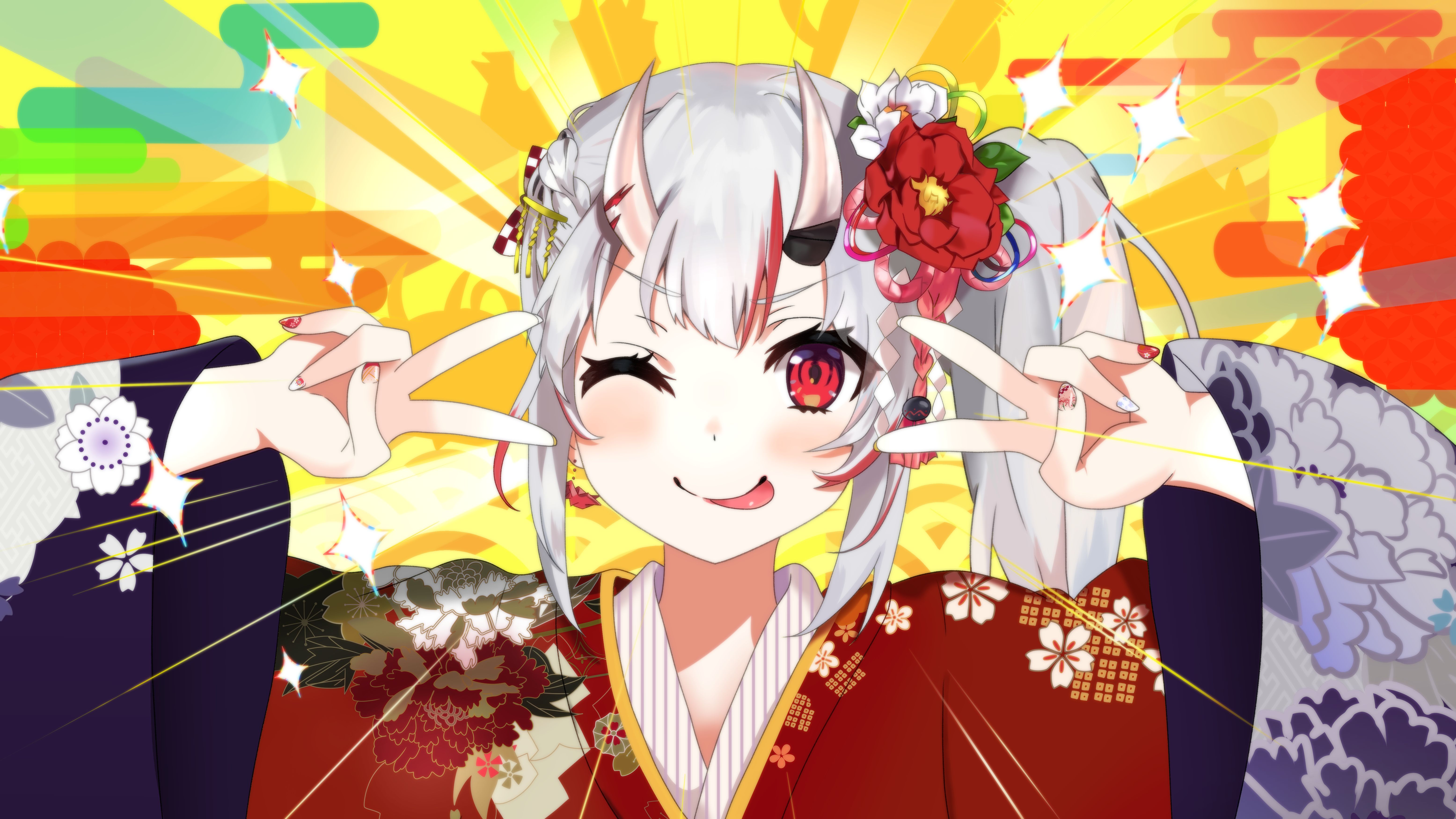 Laden Sie das Kimono, Hörner, Zwinkern, Rote Augen, Animes, Weißes Haar, Virtueller Youtuber, Hololive, Nakiri Ayame-Bild kostenlos auf Ihren PC-Desktop herunter