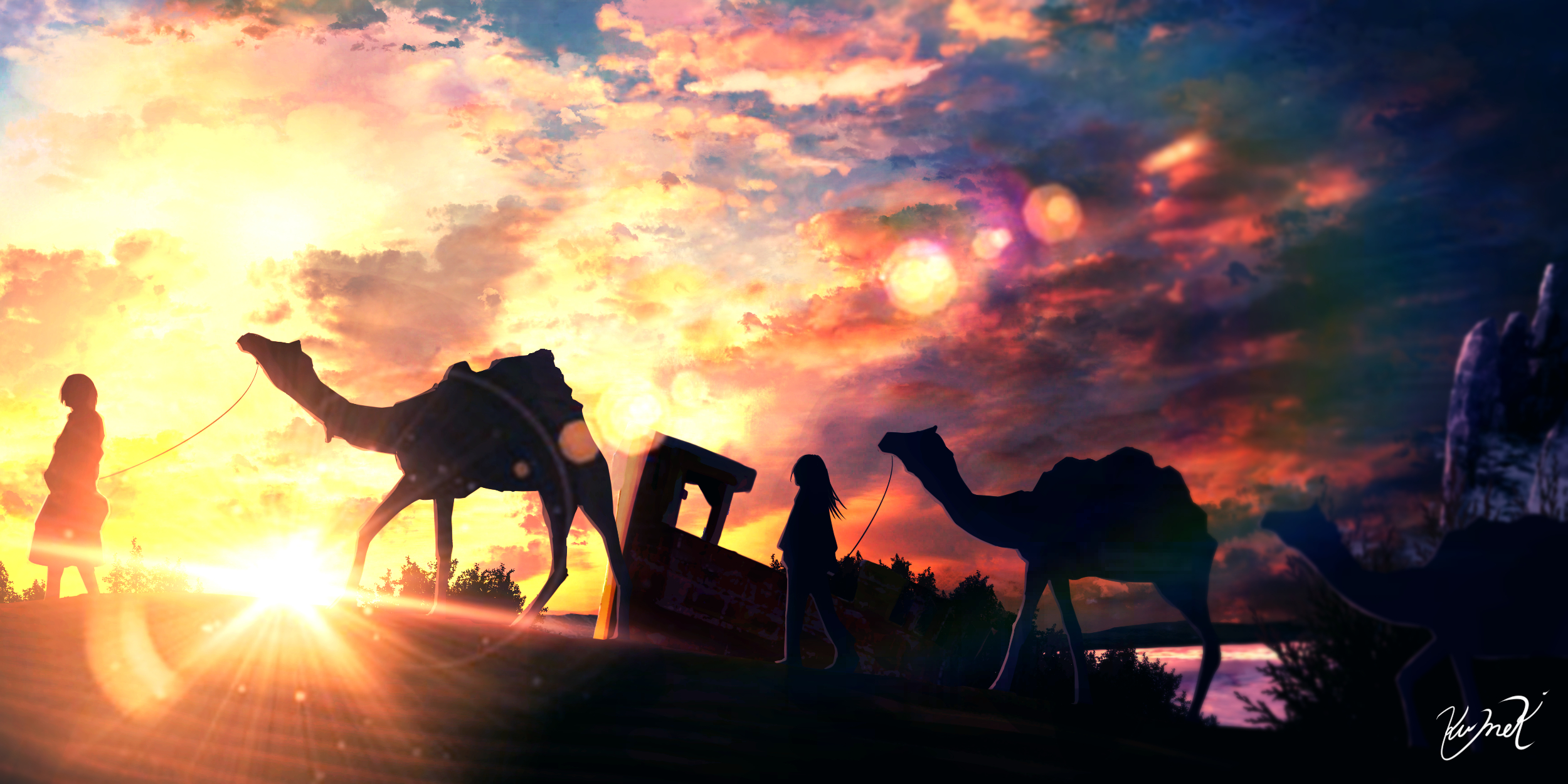 Free download wallpaper Anime, Sunrise, Camel, Original on your PC desktop