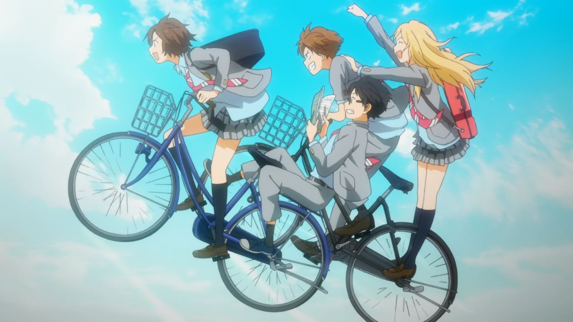 anime, your lie in april, bicycle, kaori miyazono, kousei arima, ryota watari, tsubaki sawabe