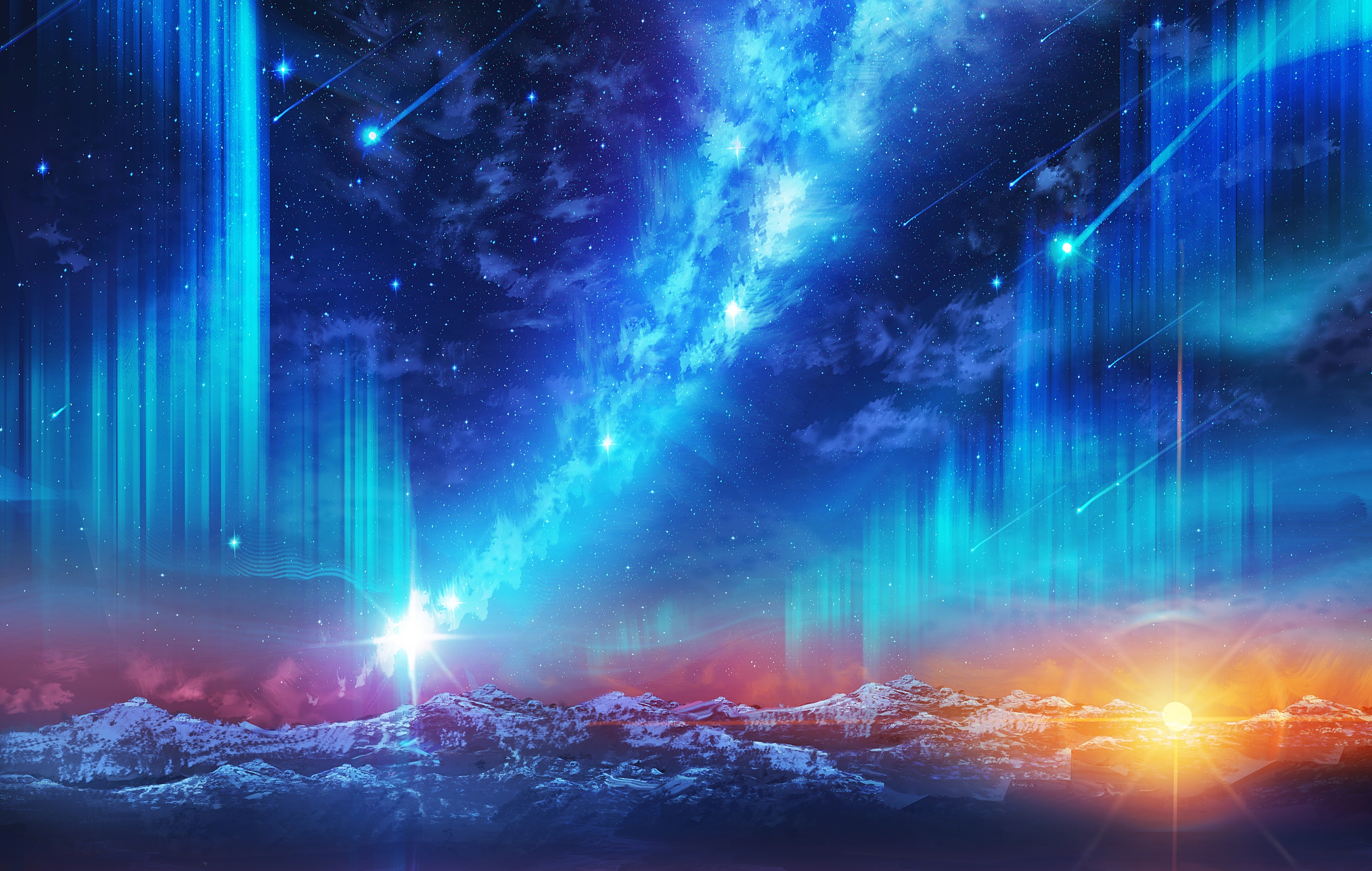 Download mobile wallpaper Anime, Sunset, Starry Sky, Aurora Borealis, Original, Shooting Star for free.