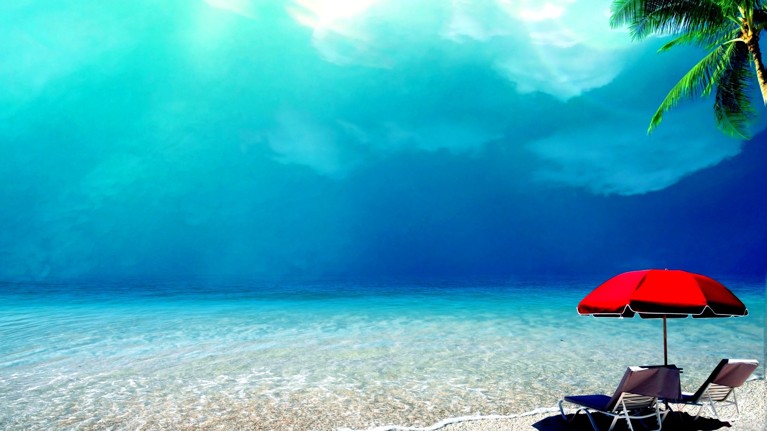 Free download wallpaper Beach, Chair, Ocean, Umbrella, Artistic, Tropical, Cloud, Palm Tree on your PC desktop