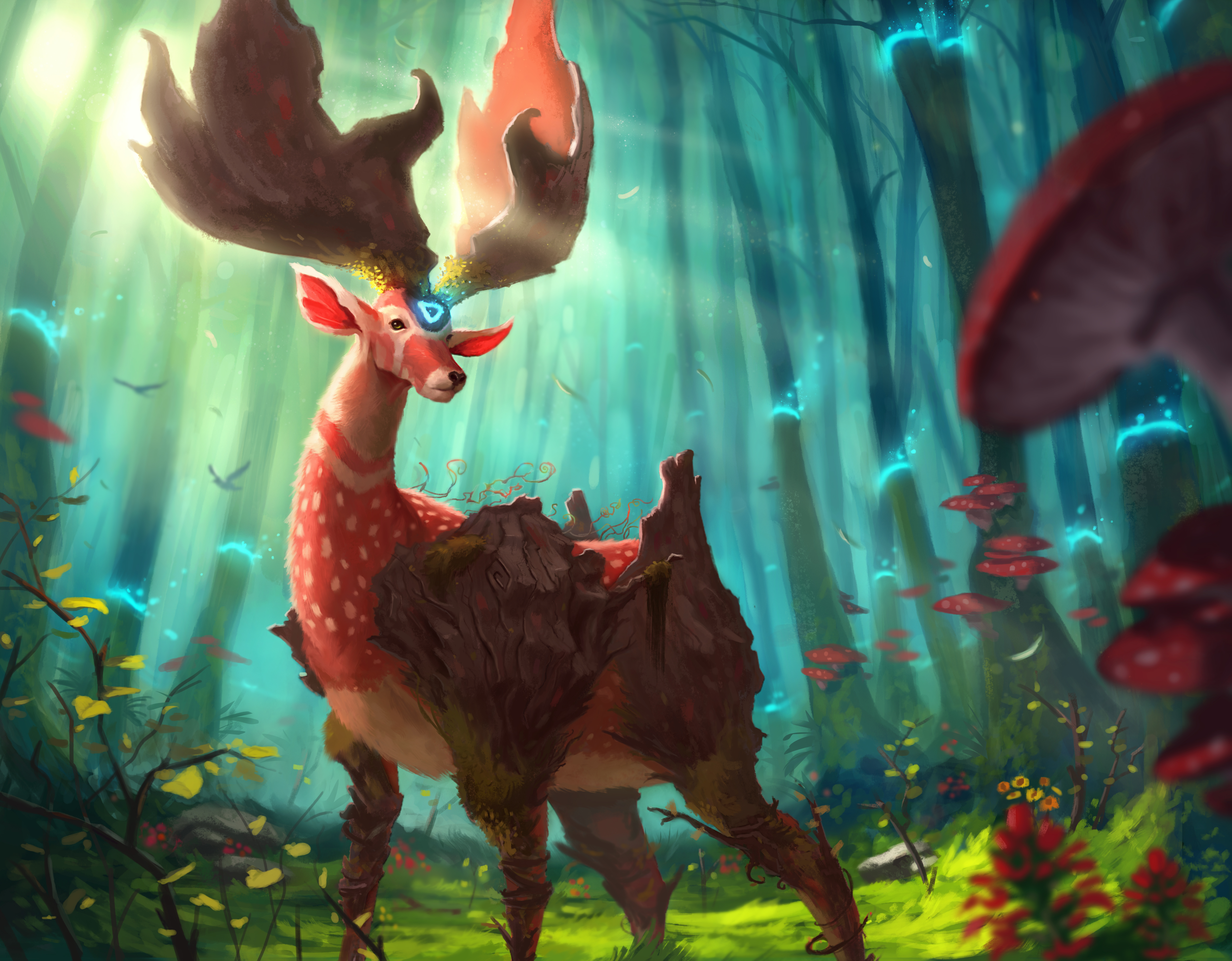 Download mobile wallpaper Fantasy, Forest, Creature, Horns, Sunbeam for free.