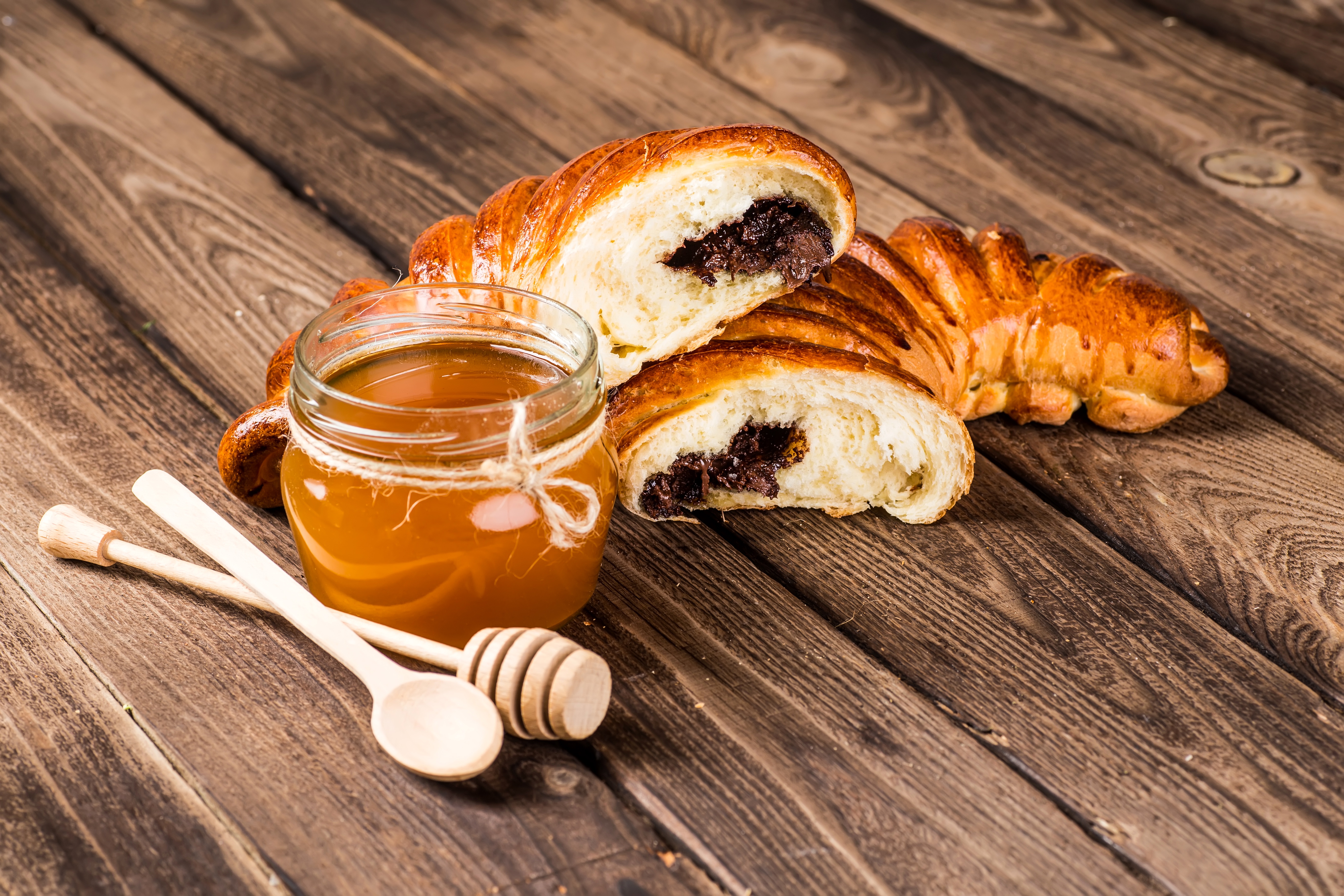 Handy-Wallpaper Honig, Croissant, Nahrungsmittel, Frühstuck kostenlos herunterladen.