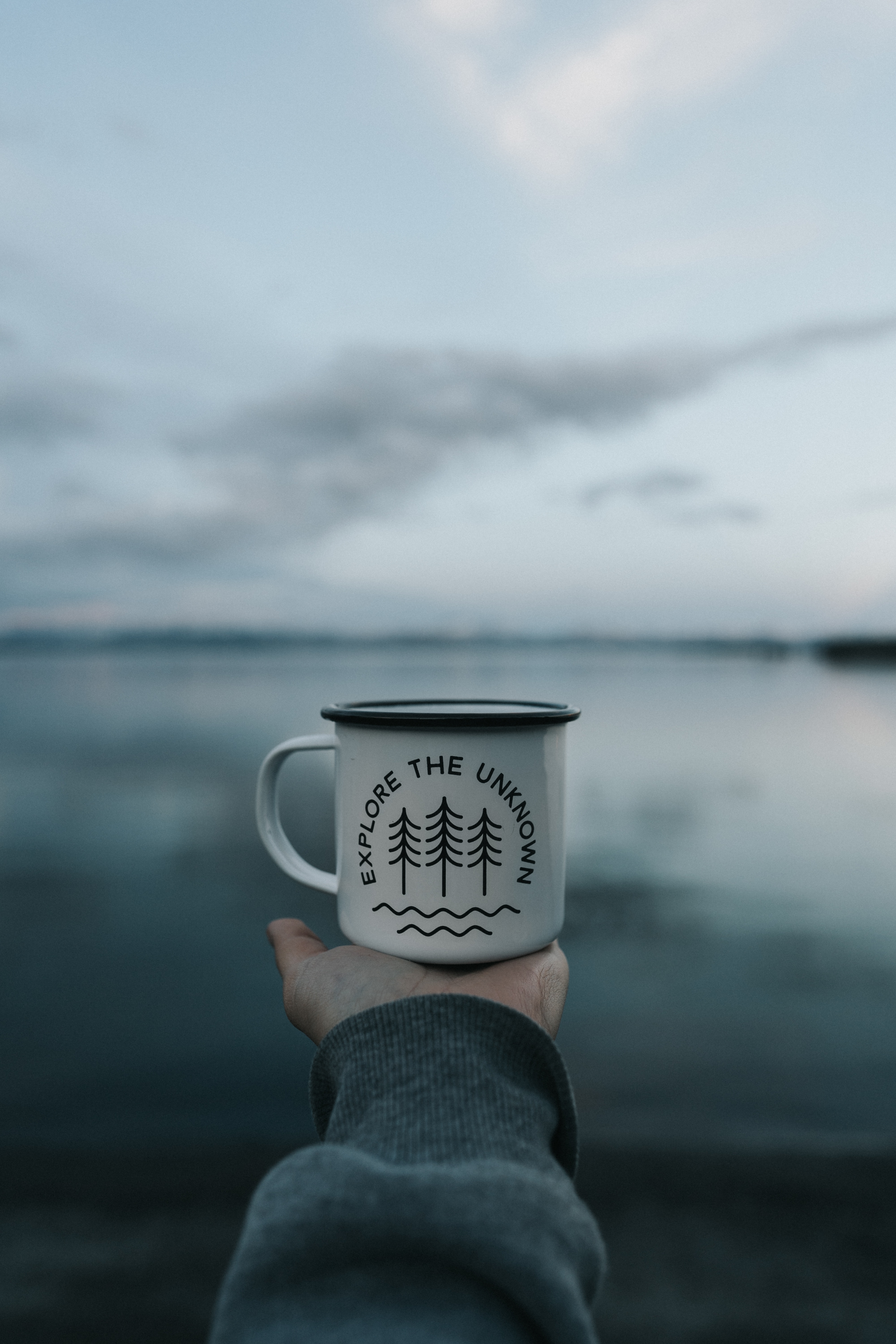 inscription, words, cup, nature, lake, hand, mug