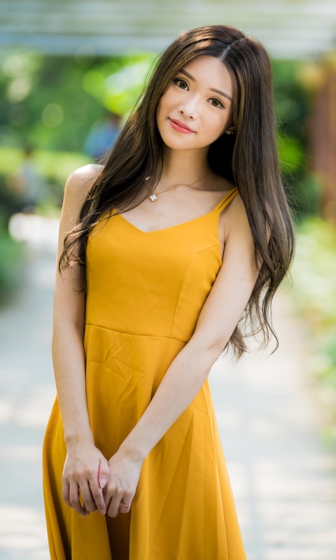 Download mobile wallpaper Brunette, Model, Women, Yellow Dress, Asian, Long Hair for free.