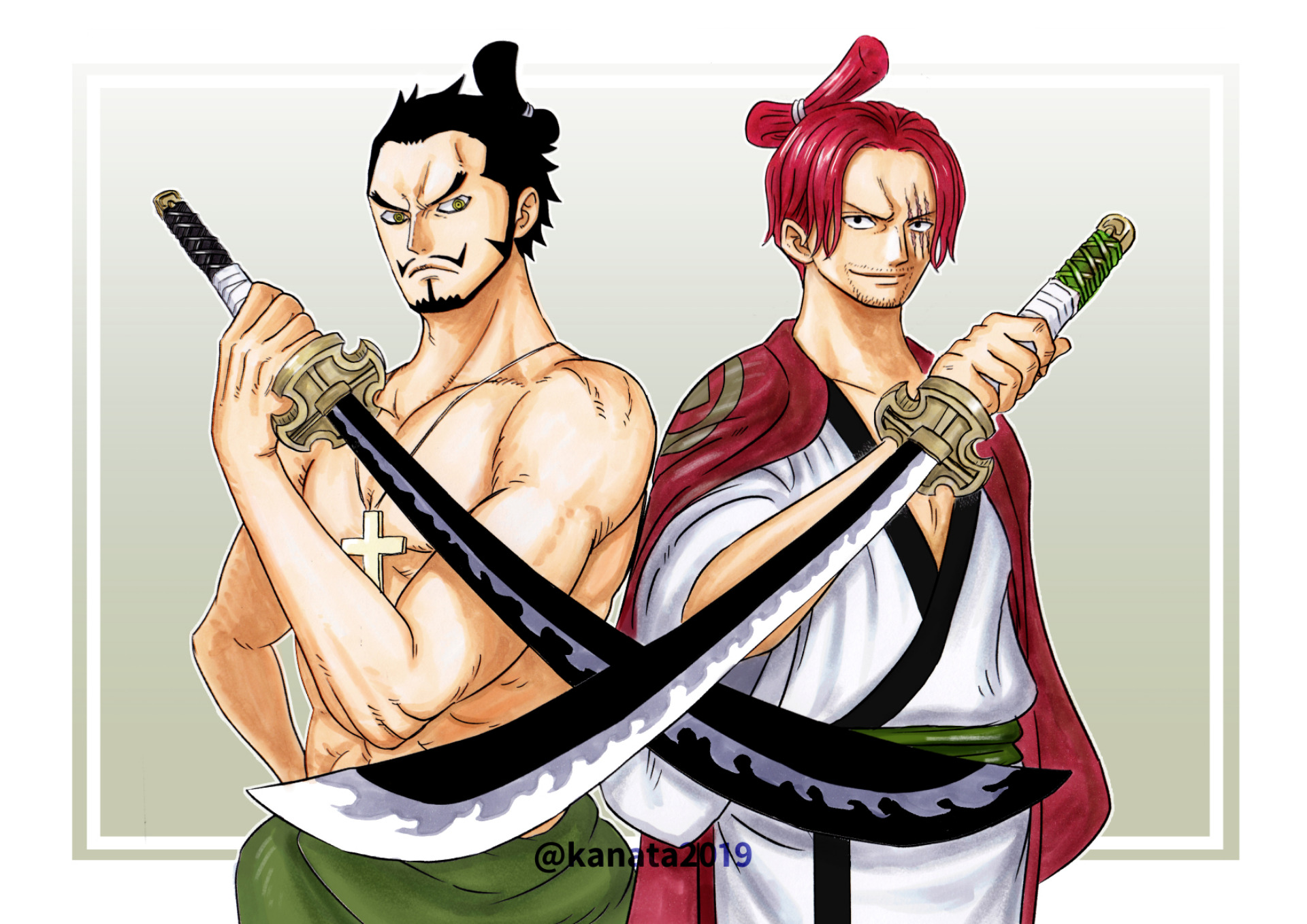 Download mobile wallpaper Anime, Sword, Katana, Black Hair, Red Hair, One Piece, Shanks (One Piece), Dracule Mihawk for free.