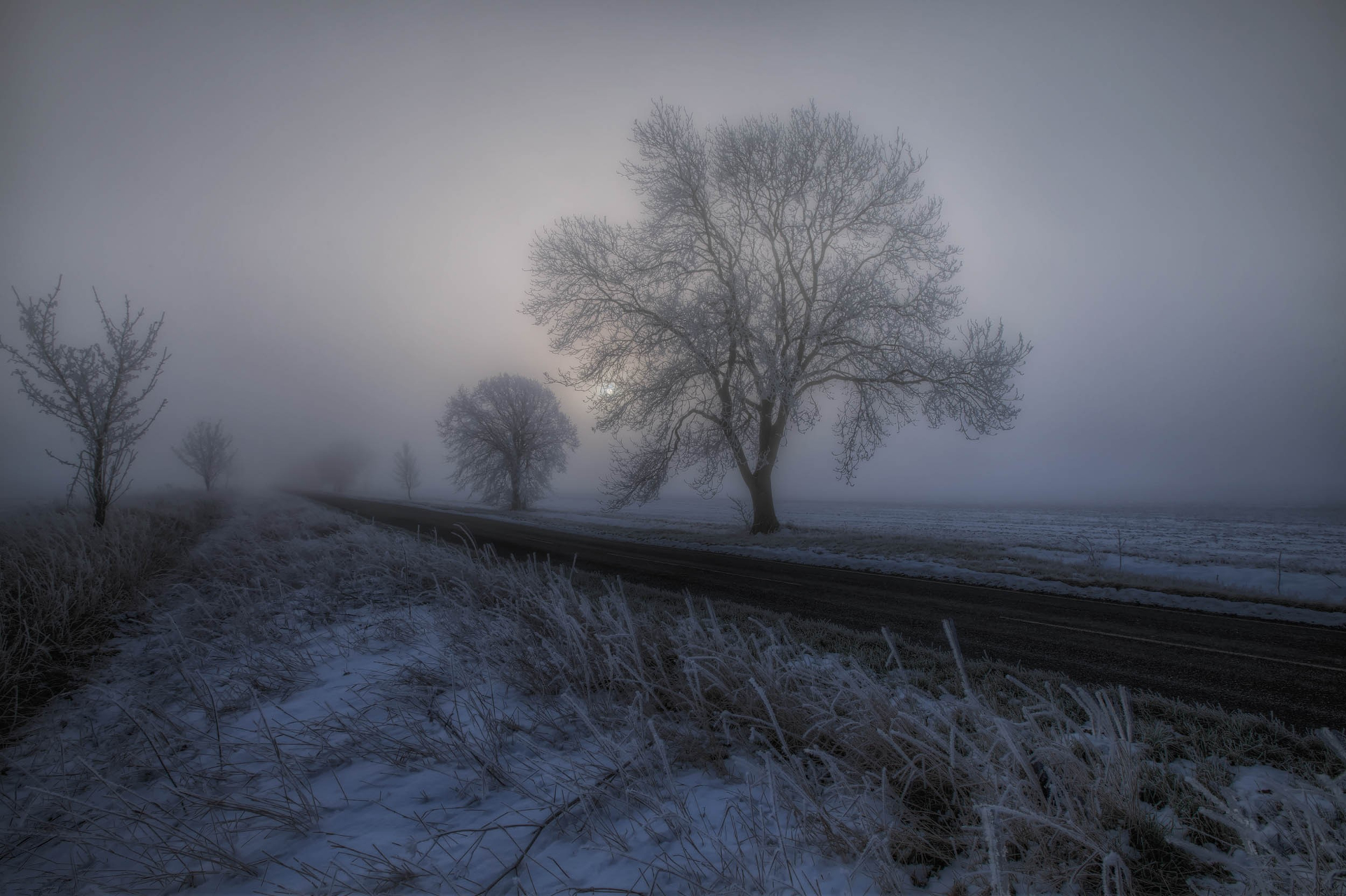 Baixe gratuitamente a imagem Inverno, Noite, Neve, Estrada, Feito Pelo Homem, Neblina na área de trabalho do seu PC