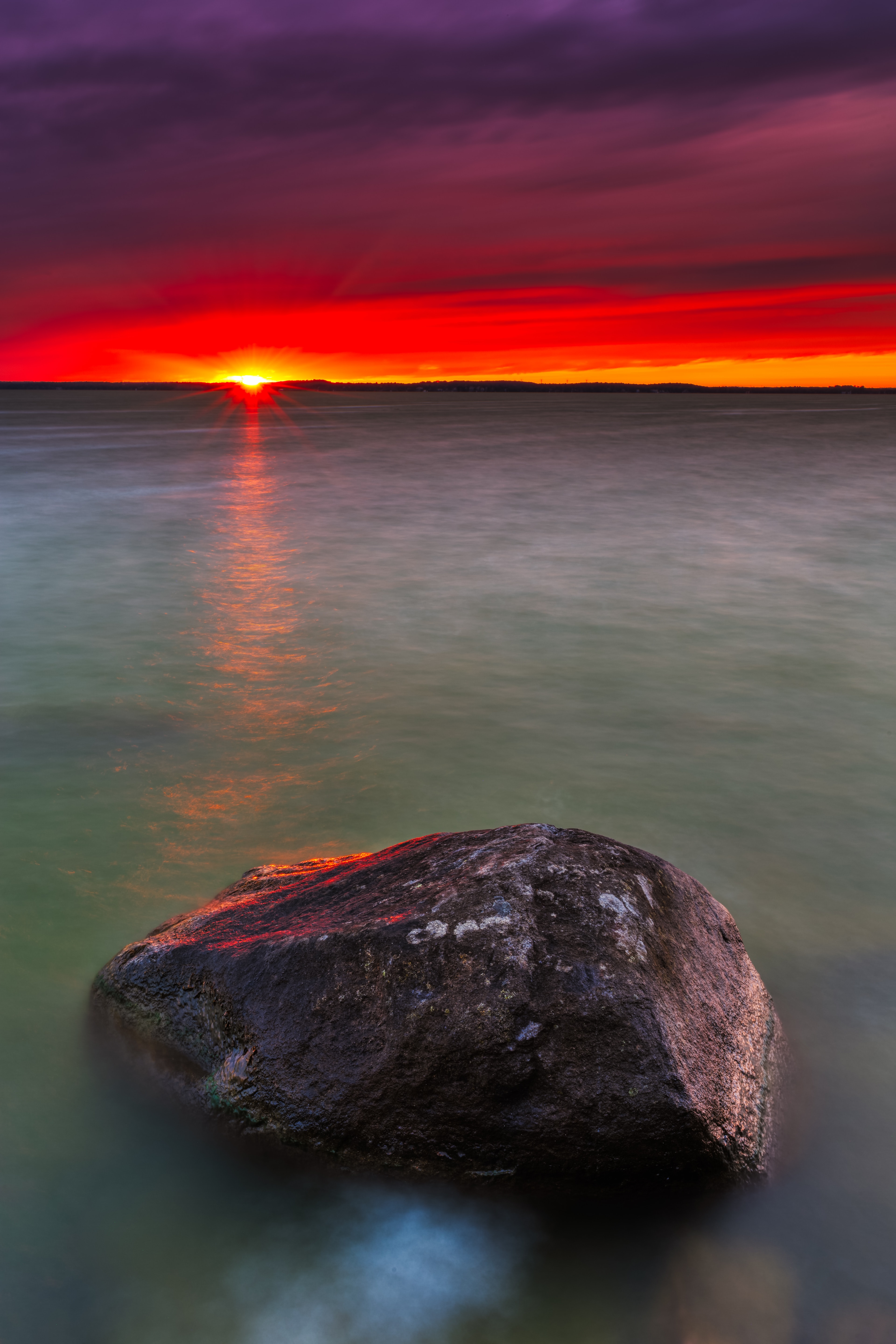 lake, nature, water, sunset, rock, horizon, stone 1080p