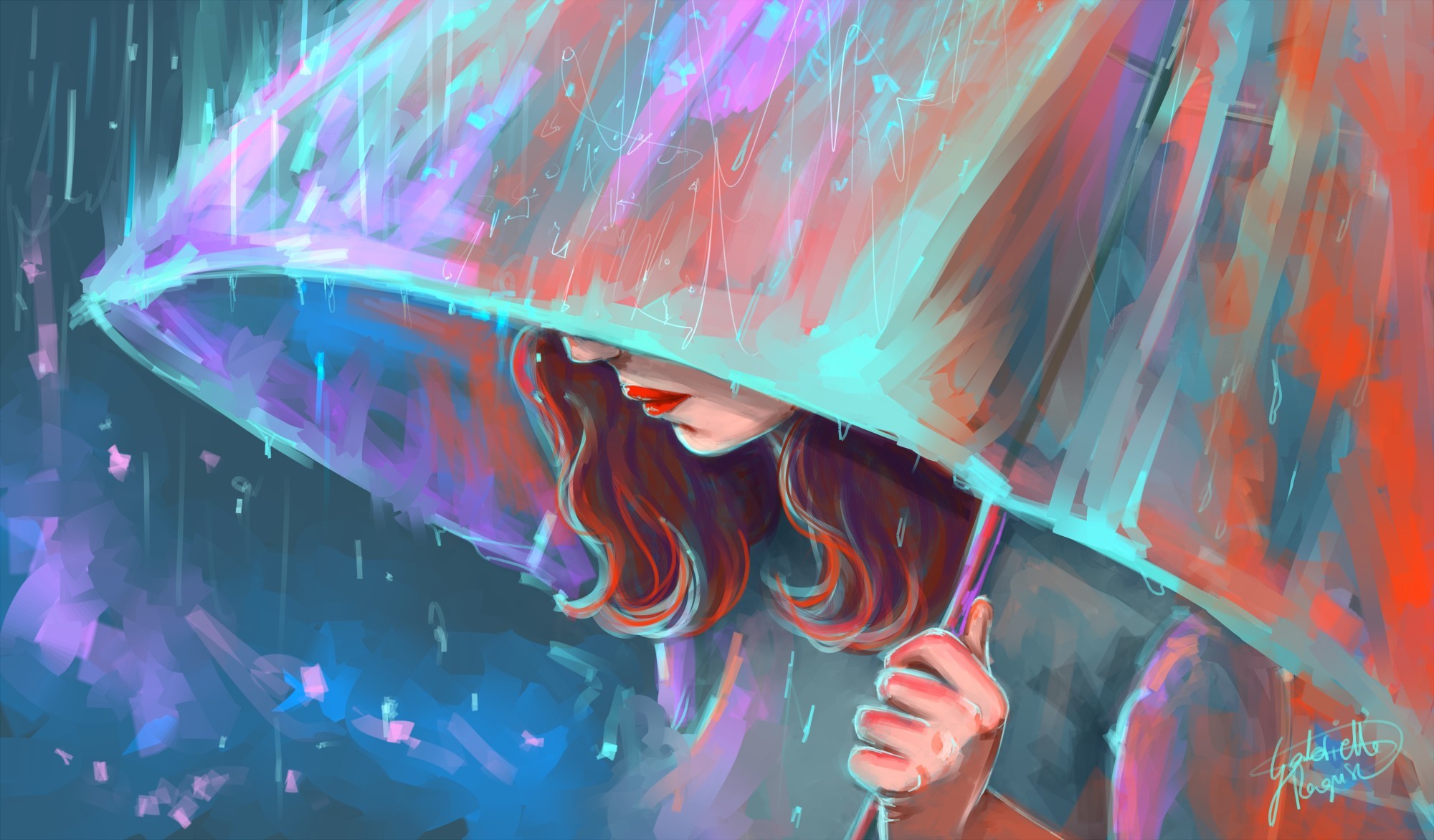 Download mobile wallpaper Rain, Colors, Umbrella, Artistic, Women for free.