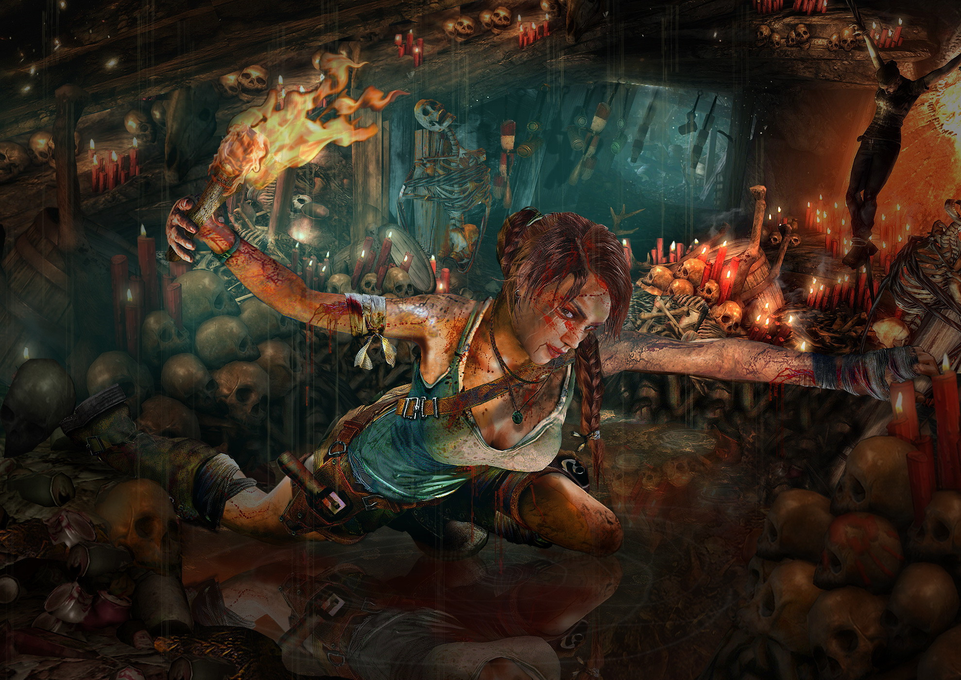 Handy-Wallpaper Tomb Raider, Flechten, Skelett, Fackel, Computerspiele, Lara Croft kostenlos herunterladen.