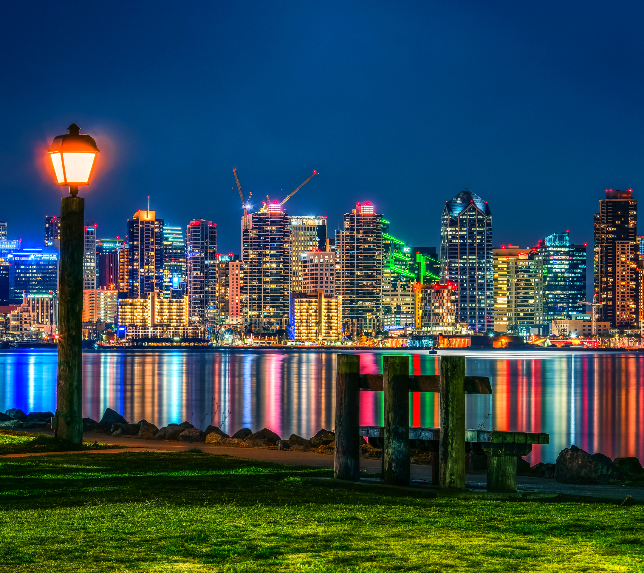 Free download wallpaper Cities, Water, Night, City, Reflection, Light, California, San Diego, Man Made on your PC desktop