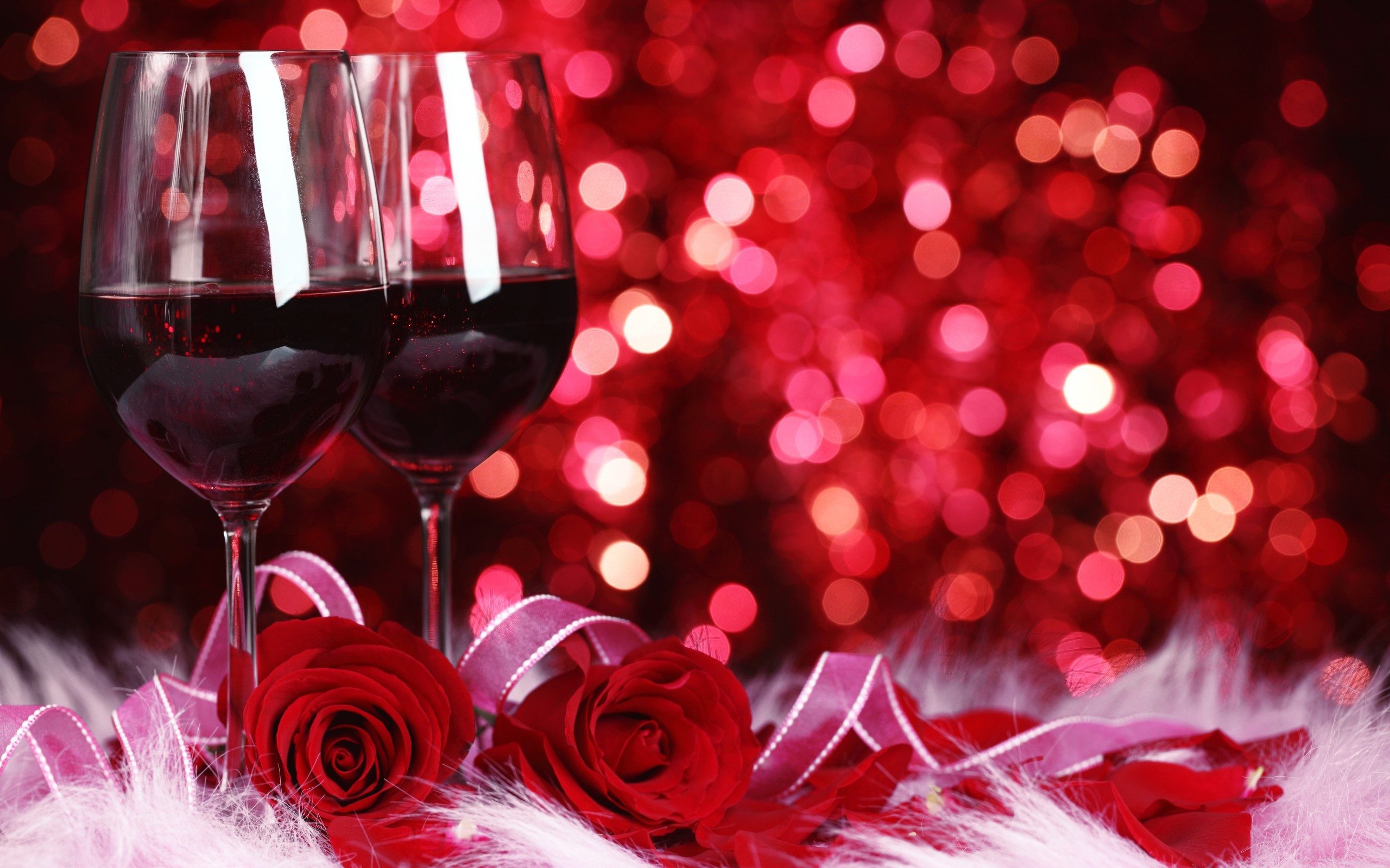 Download mobile wallpaper Valentine's Day, Flower, Rose, Holiday, Glass, Bokeh, Ribbon, Wine for free.