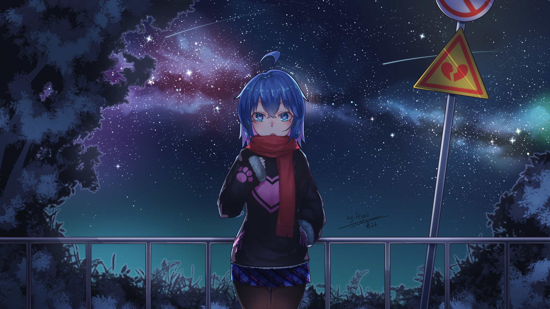Free download wallpaper Anime, Stars, Night, Galaxy, Skirt, Comet, Blue Eyes, Original, Blue Hair, Pantyhose on your PC desktop