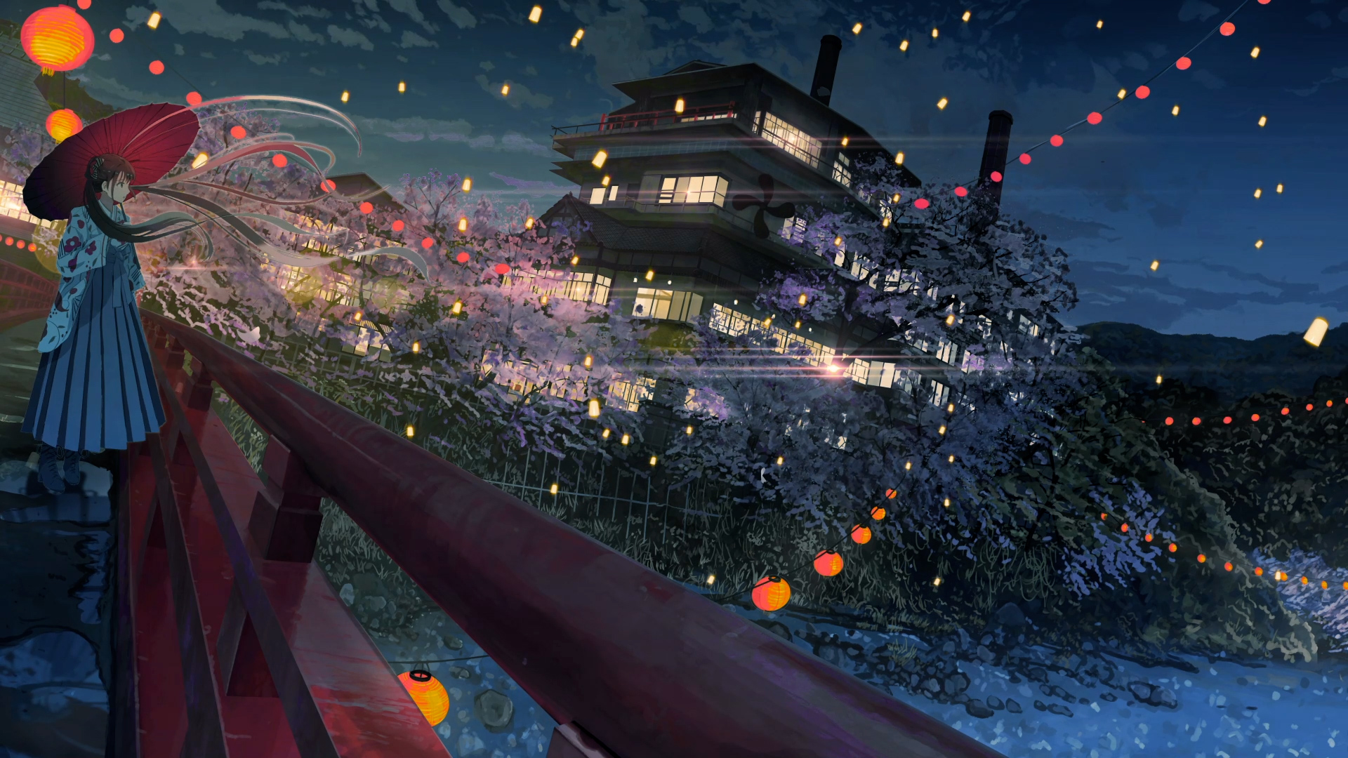 Download mobile wallpaper Anime, Night, Building, Lantern, Umbrella for free.