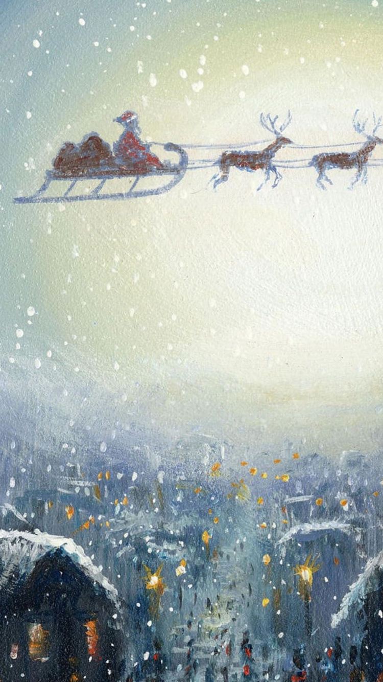 Download mobile wallpaper Christmas, Holiday, Painting, Sleigh, Santa, Reindeer for free.