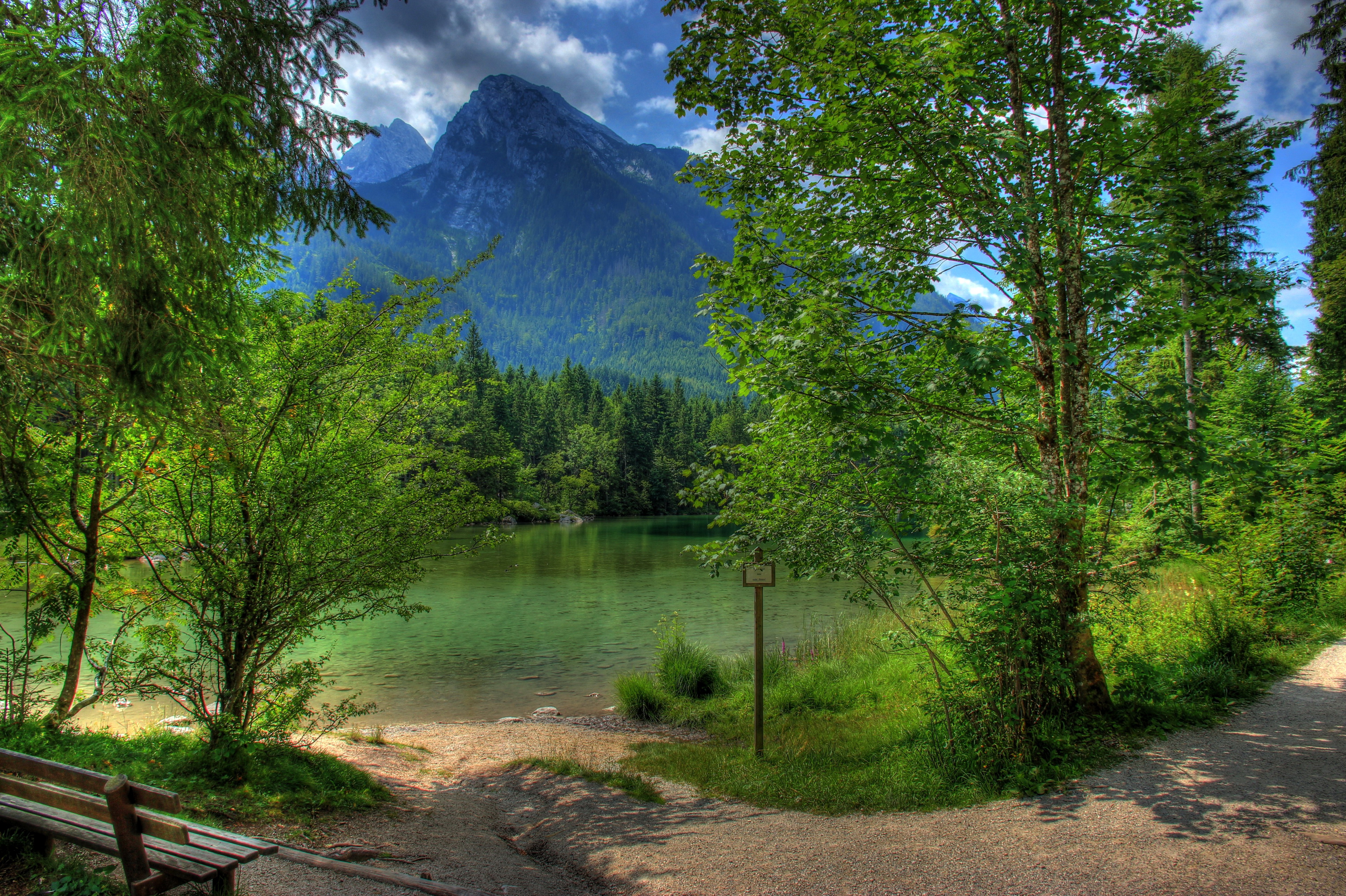 Free download wallpaper Landscape, Lakes, Mountain, Lake, Forest, Tree, Bench, Pond, Spring, Germany, Photography on your PC desktop