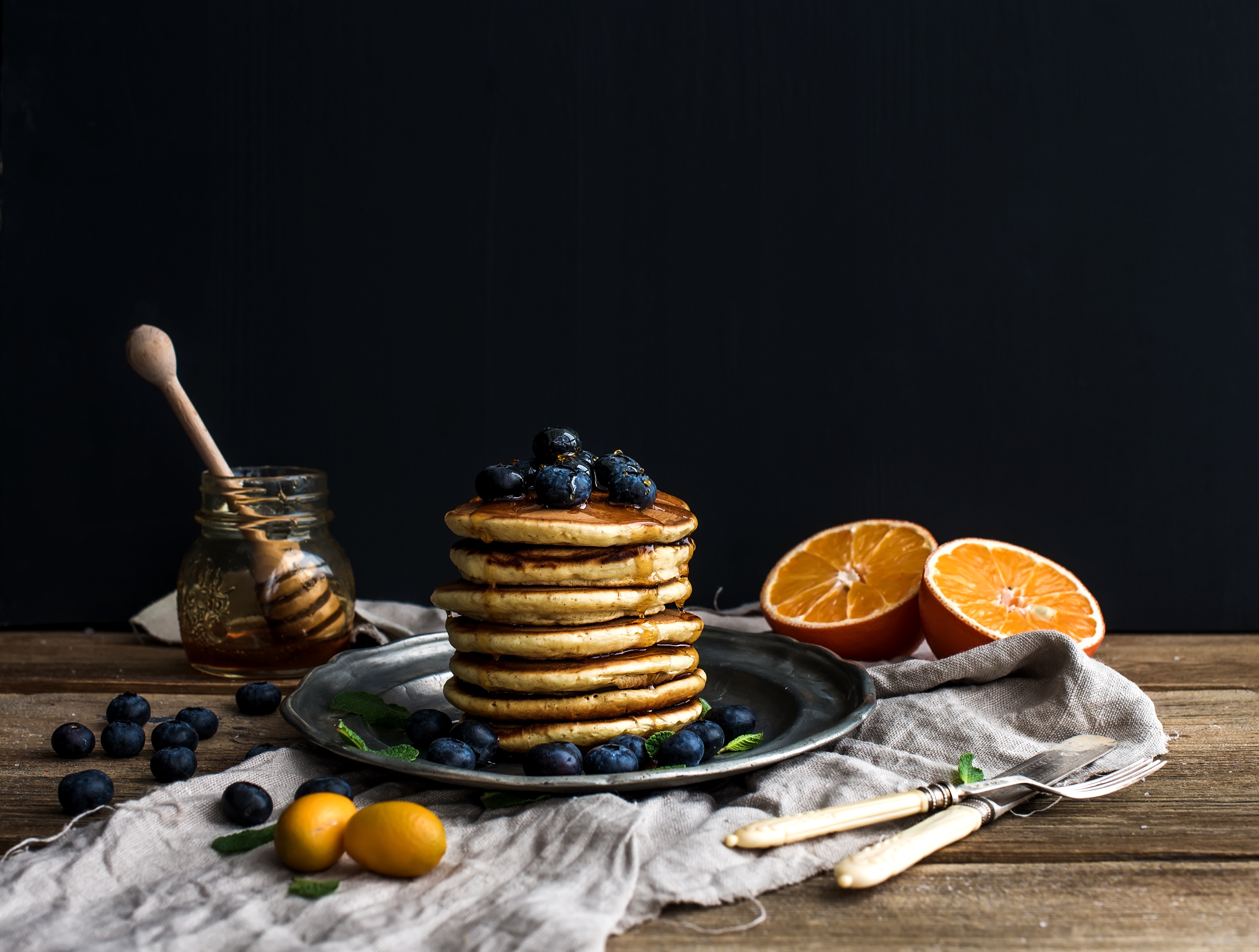 Free download wallpaper Food, Blueberry, Still Life, Honey, Breakfast, Pancake, Orange (Fruit) on your PC desktop