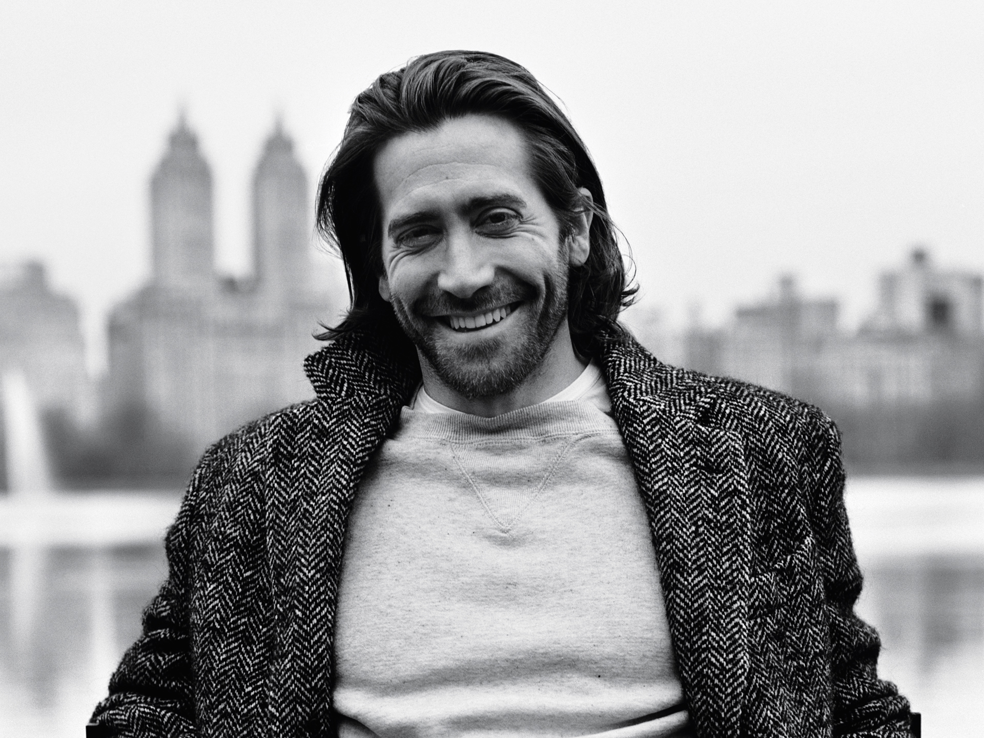 Download mobile wallpaper Jake Gyllenhaal, Smile, American, Celebrity, Black & White, Actor for free.