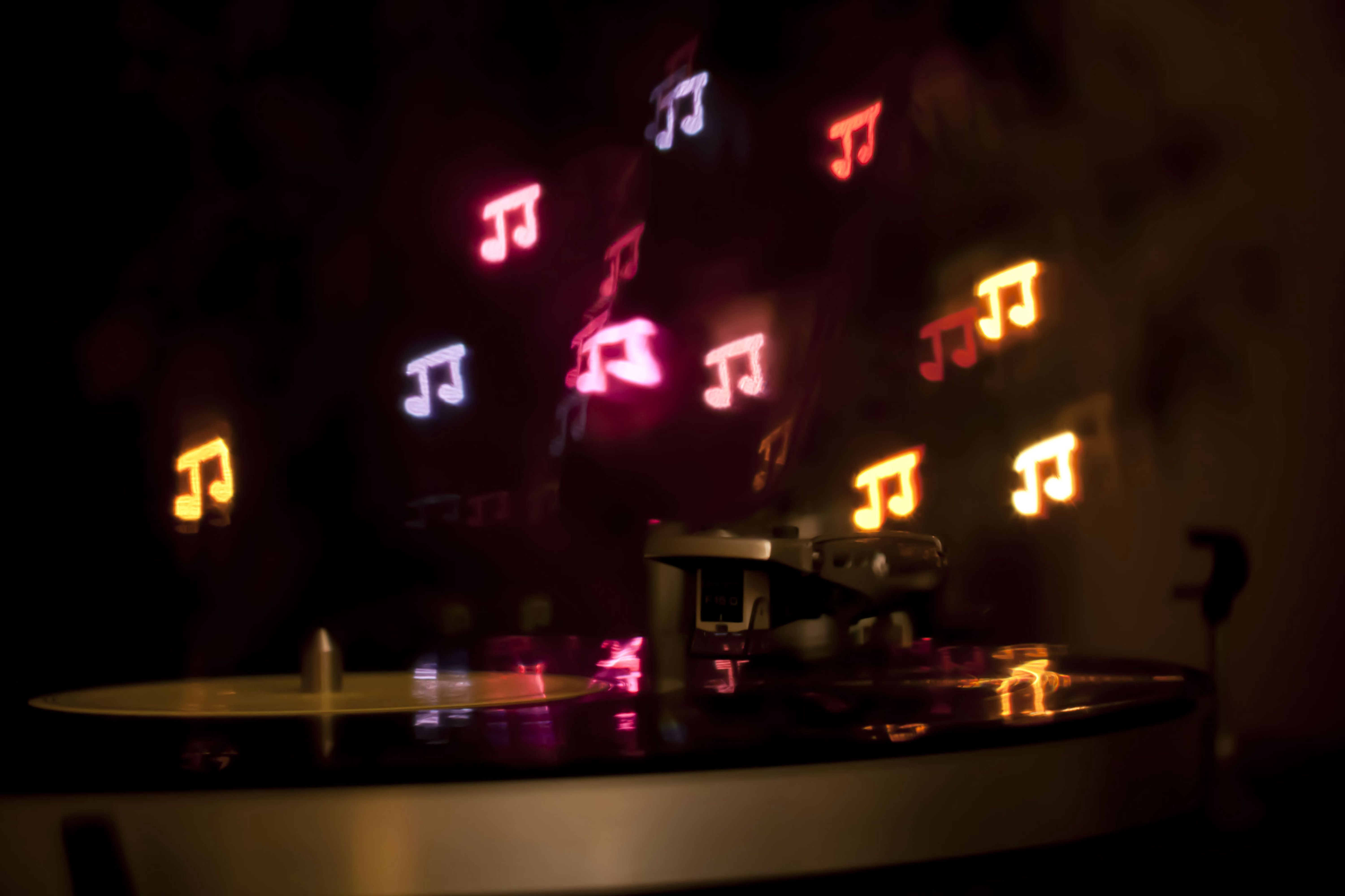 Horizontal Wallpaper music, notes, needle, lights, glow, plate, vinyl, turntable, record player