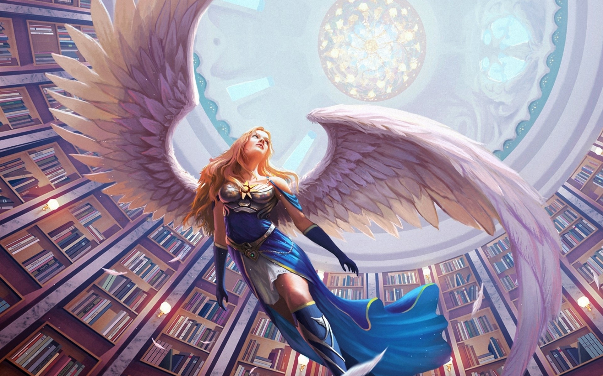 Download mobile wallpaper Fantasy, Wings, Book, Angel, Blonde, Library for free.
