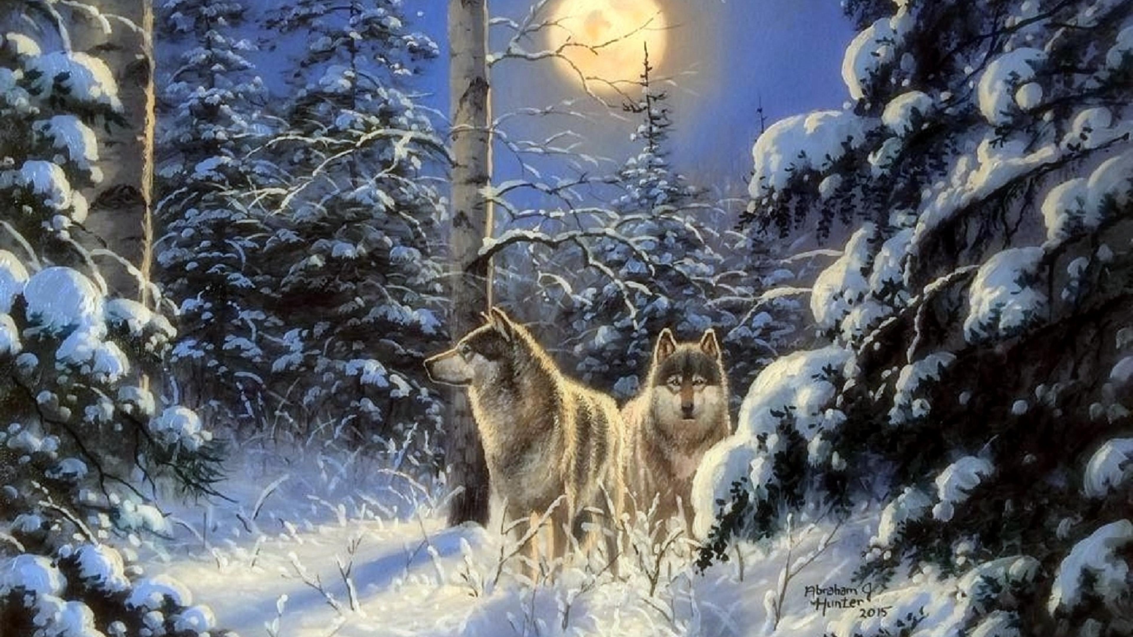 Laden Sie das Winter, Fantasie, Mond, Wald, Baum, Wolf-Bild kostenlos auf Ihren PC-Desktop herunter