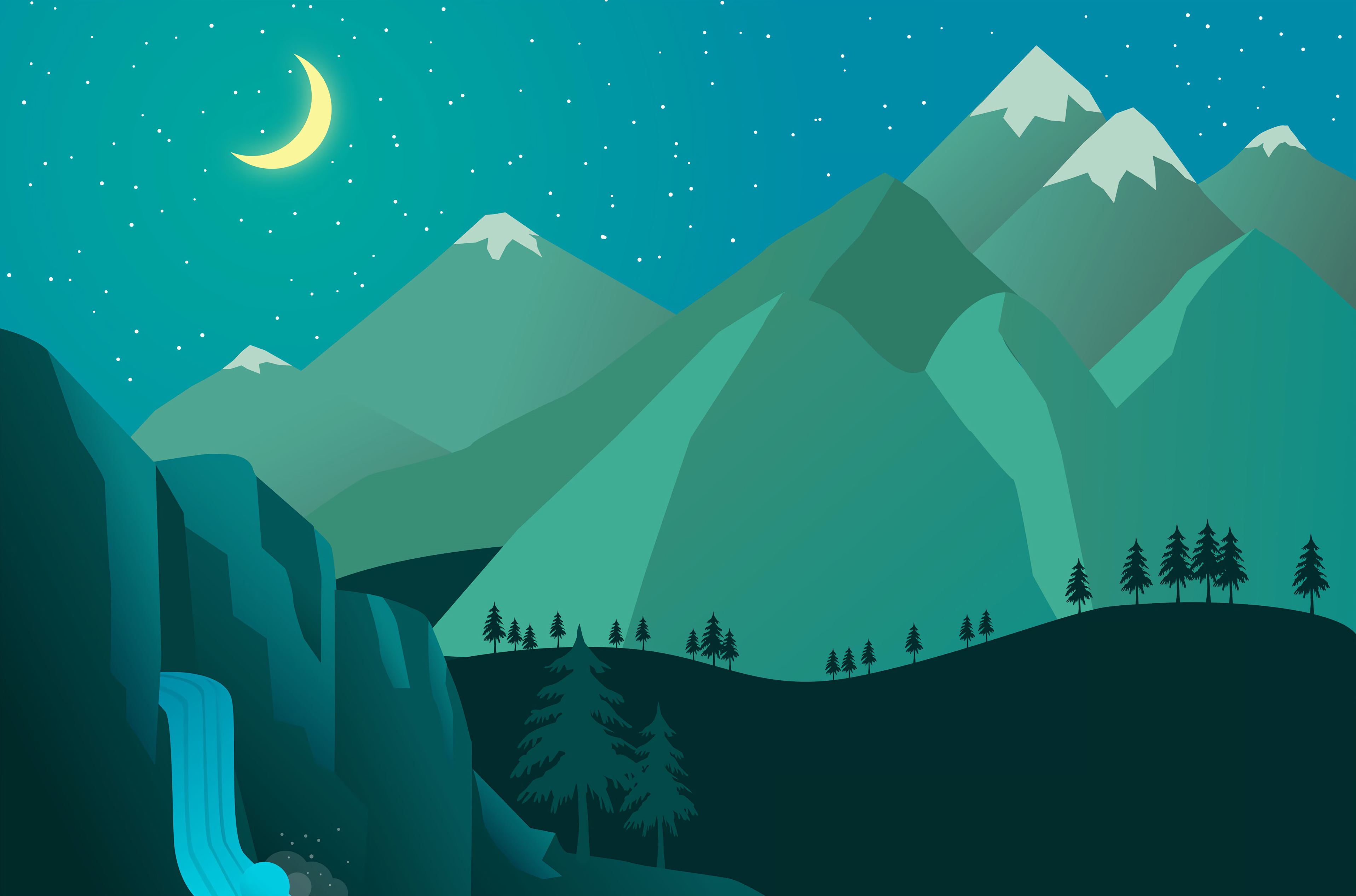 Cool Wallpapers vector, art, mountains, night, moon, waterfall