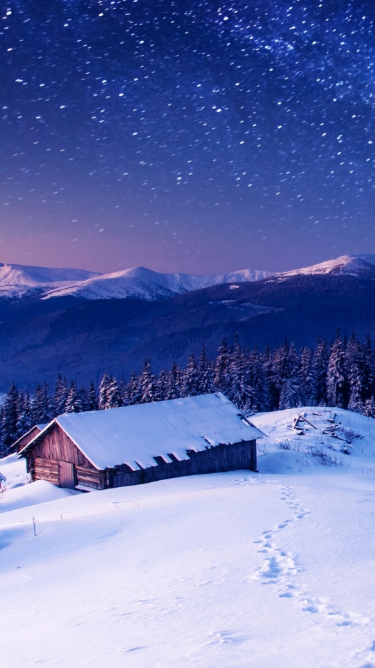 Download mobile wallpaper Winter, Sky, Stars, Night, Snow, Mountain, Forest, Starry Sky, Earth, Photography, Cabin for free.